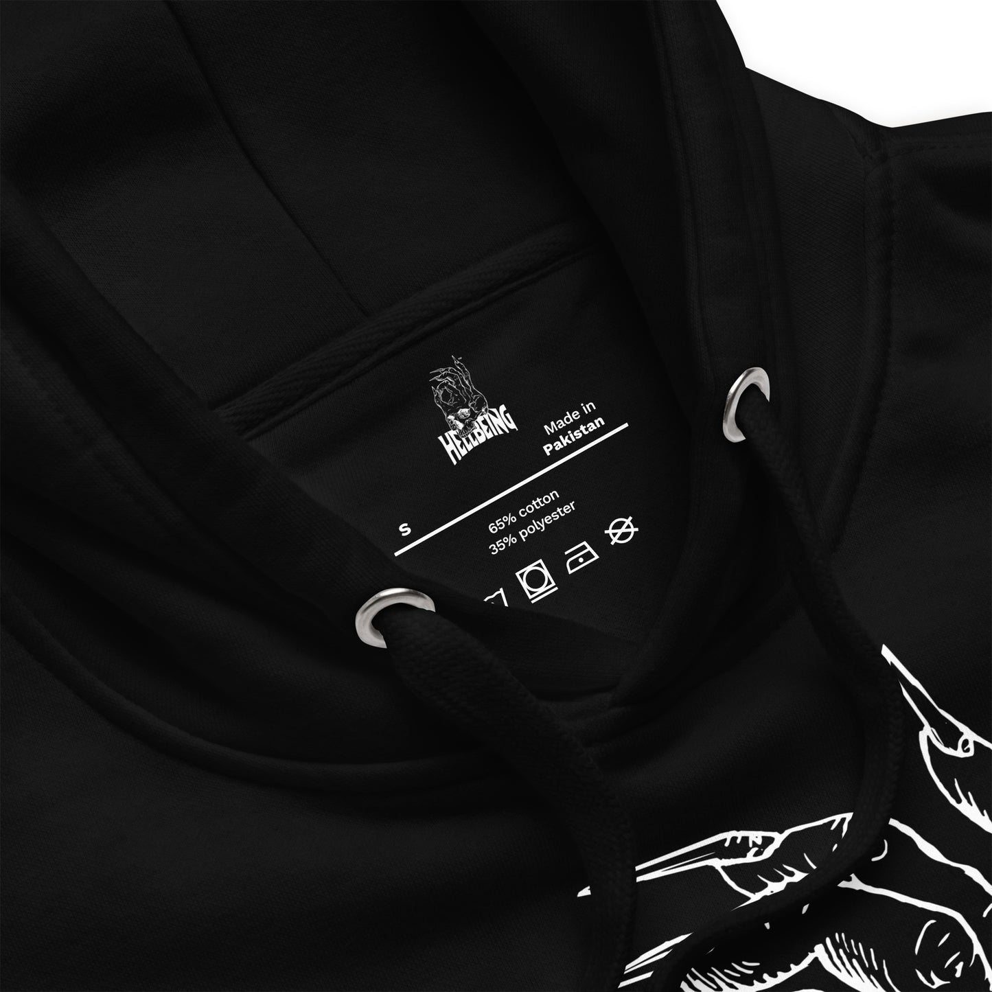 Inside label view of the Hellbeing skull Logo premium hoodie in black