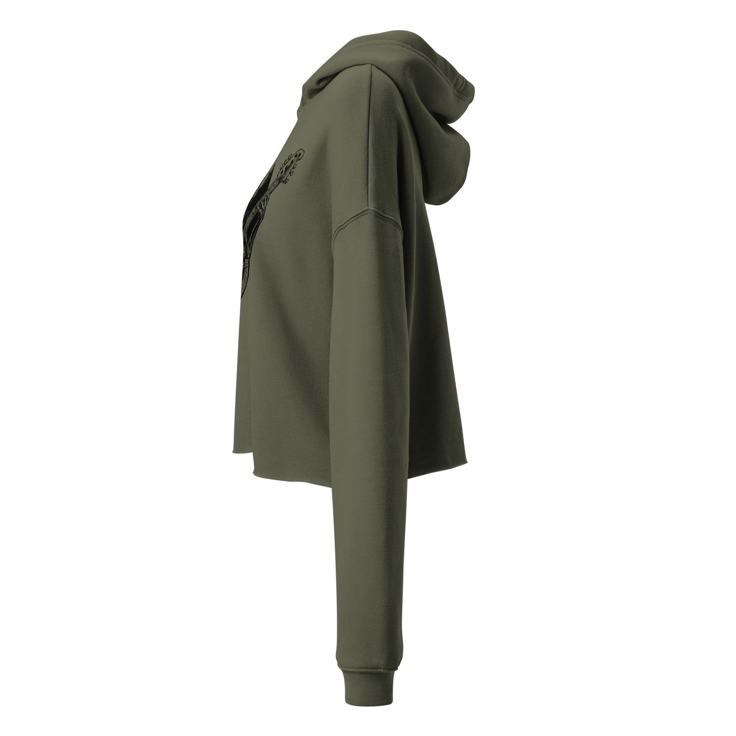 Left side view of the Hellbeing Sonic Overlord skeleton guitarist women's green cropped hoodie