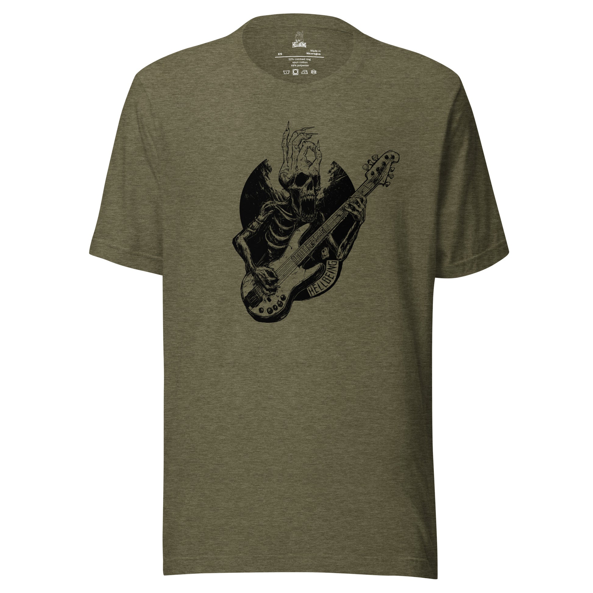 Front view of the Hellbeing Sonic Overlord guitarist skeleton olive green t-shirt