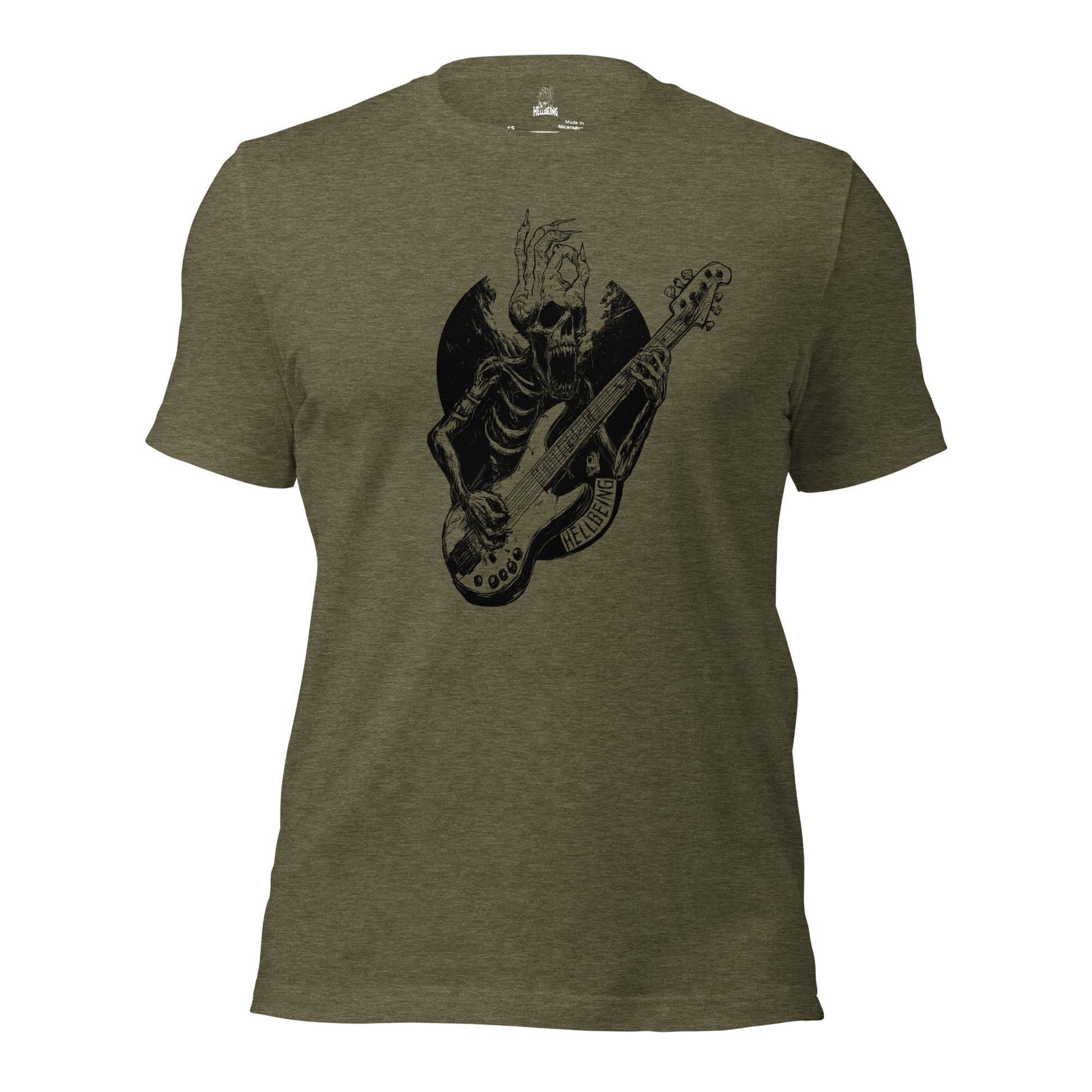 Front view of the Hellbeing Sonic Overlord guitarist skeleton olive green t-shirt