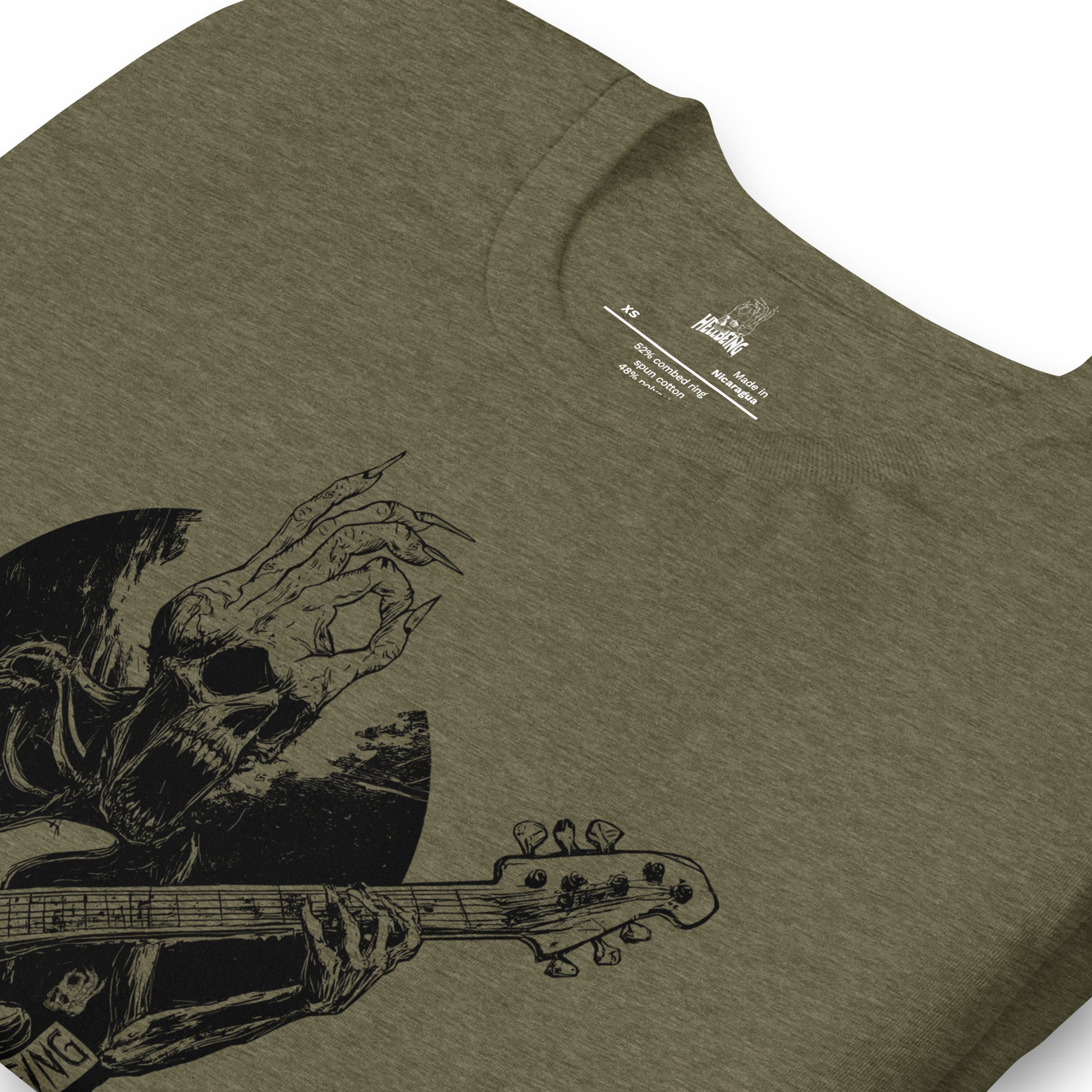 Front folded view of the Hellbeing Sonic Overlord guitarist skeleton olive green t-shirt