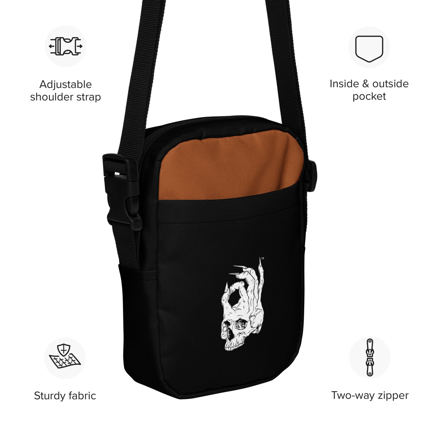 Front view with details of Hellbeing Brown and Black Crossbody utility bag