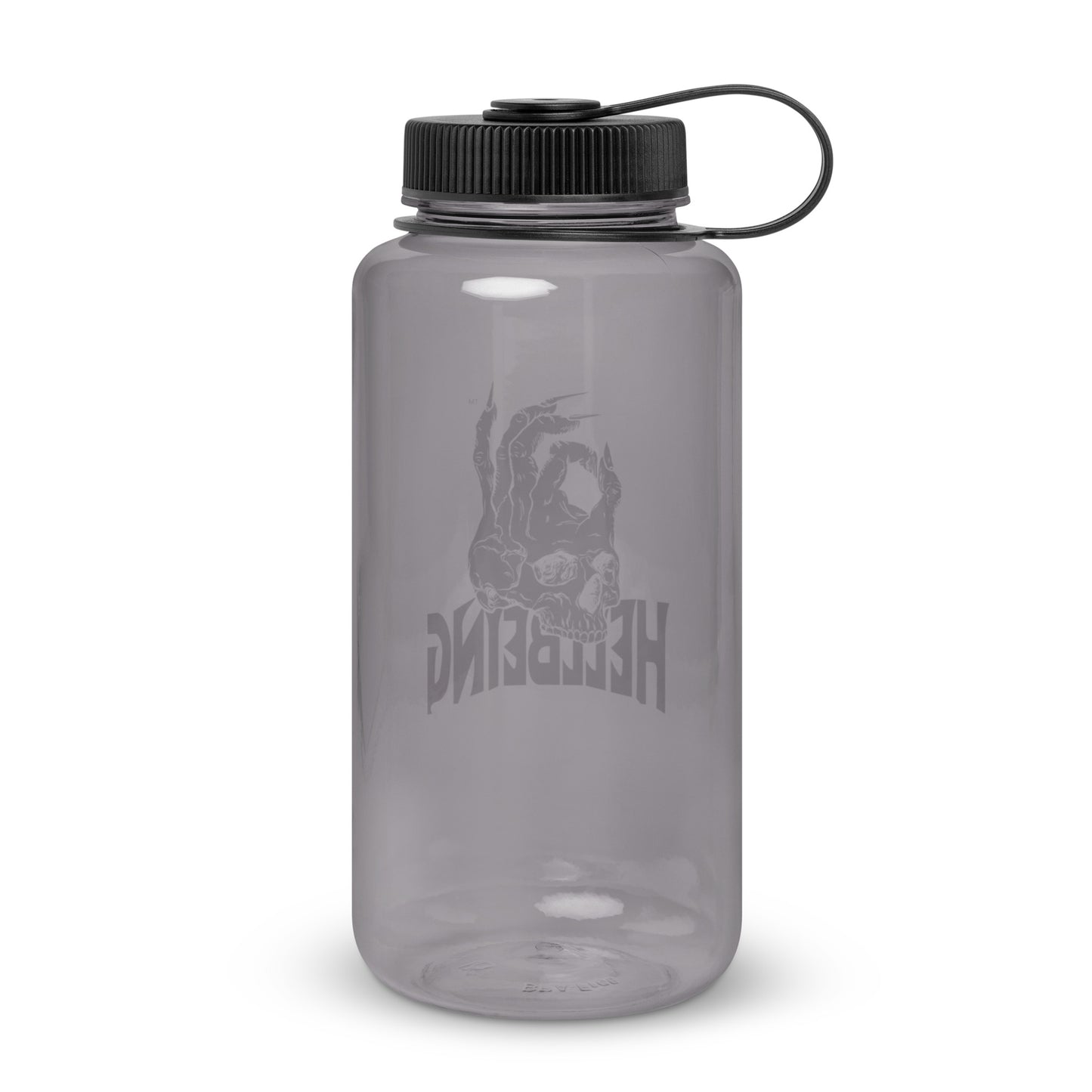 Back view of the Hellbeing 32 oz. Gray wide mouth plastic water bottle