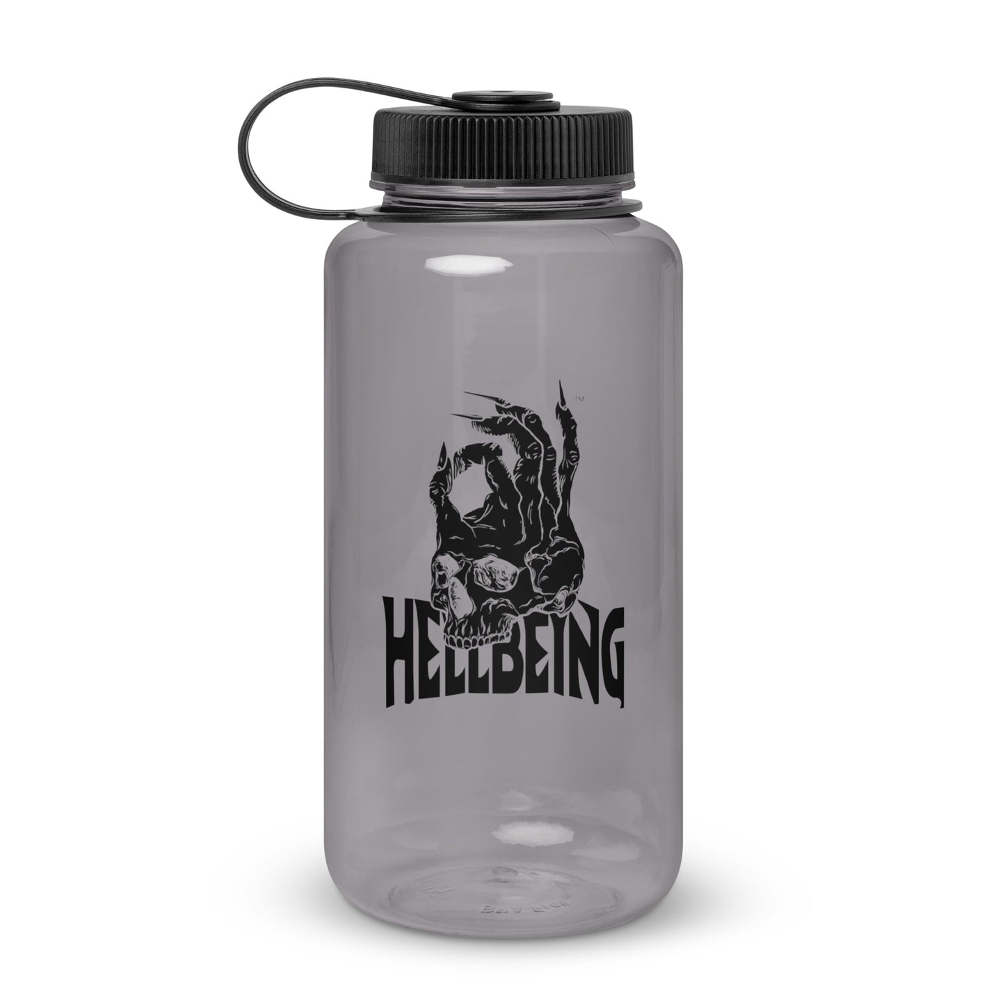 Front view of the Hellbeing 32 oz. Gray wide mouth plastic water bottle