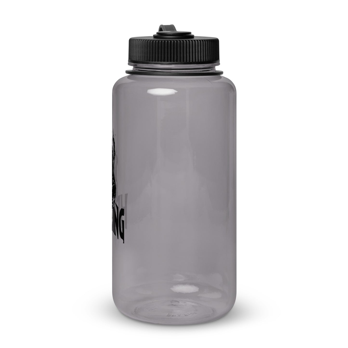 Side view of the Hellbeing 32 oz. Gray wide mouth plastic water bottle
