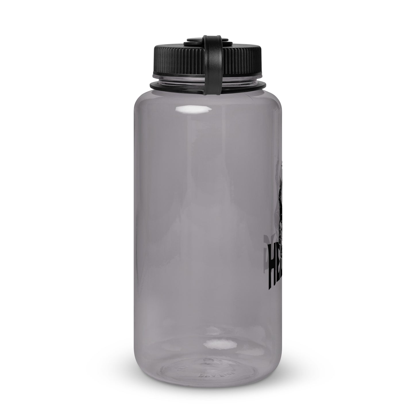 Side view of the Hellbeing 32 oz. Gray wide mouth plastic water bottle