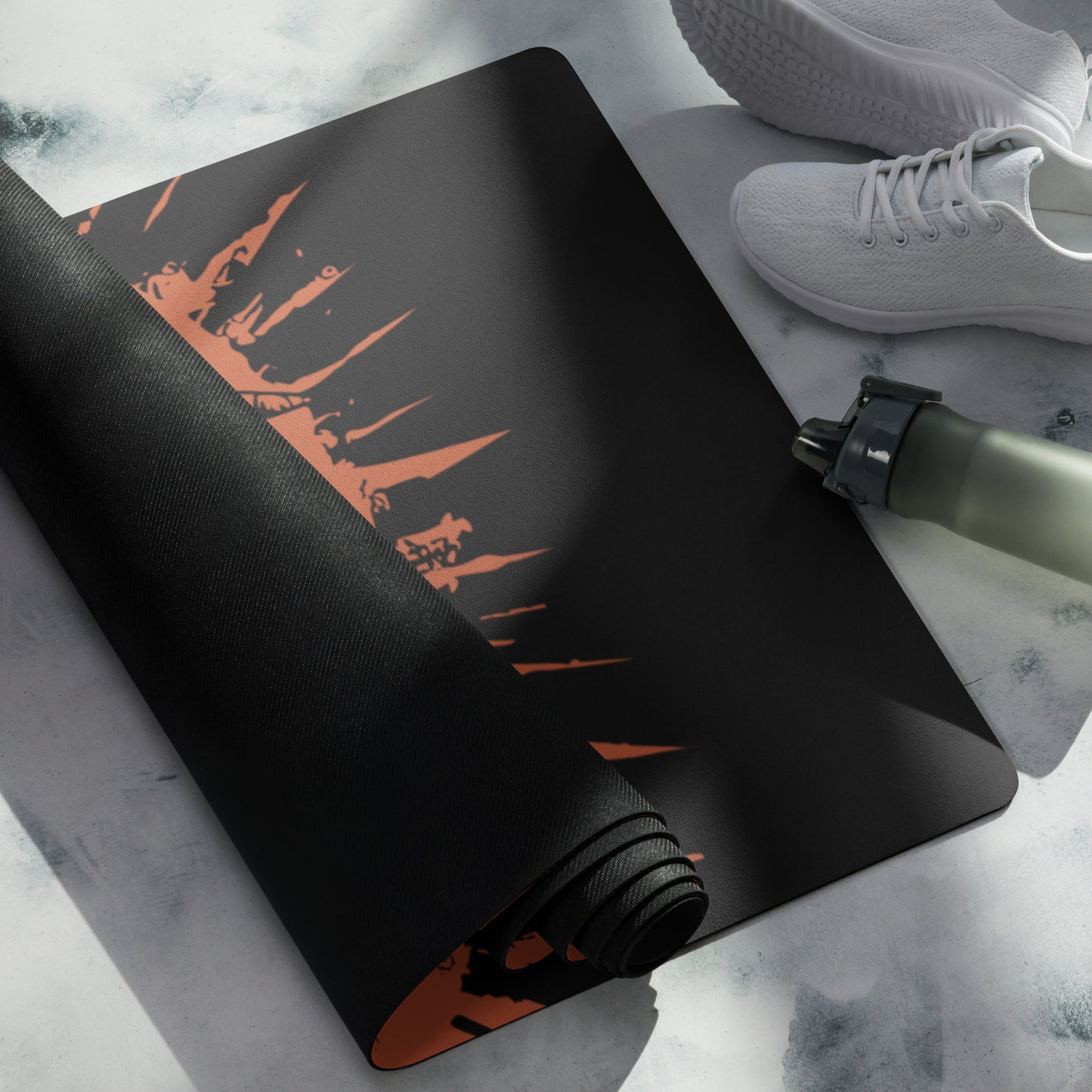 Zoomed in view of the Hellbeing black and red Lucifer, rubber Yoga mat with an anti-slip rubber bottom and microsuede top.