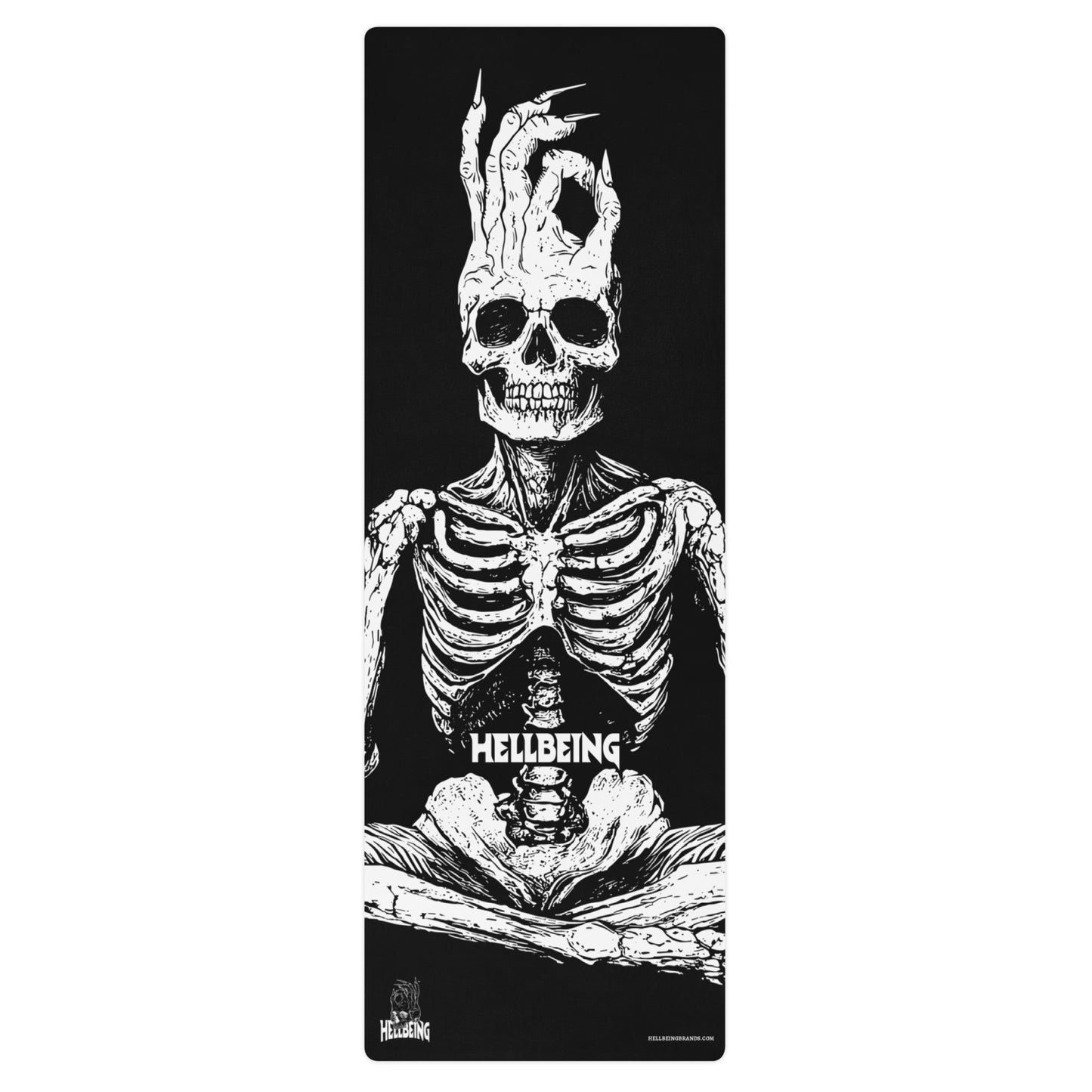 Hellbeing black and white Meditating skeleton rubber Yoga mat with an anti-slip rubber bottom and microsuede top.