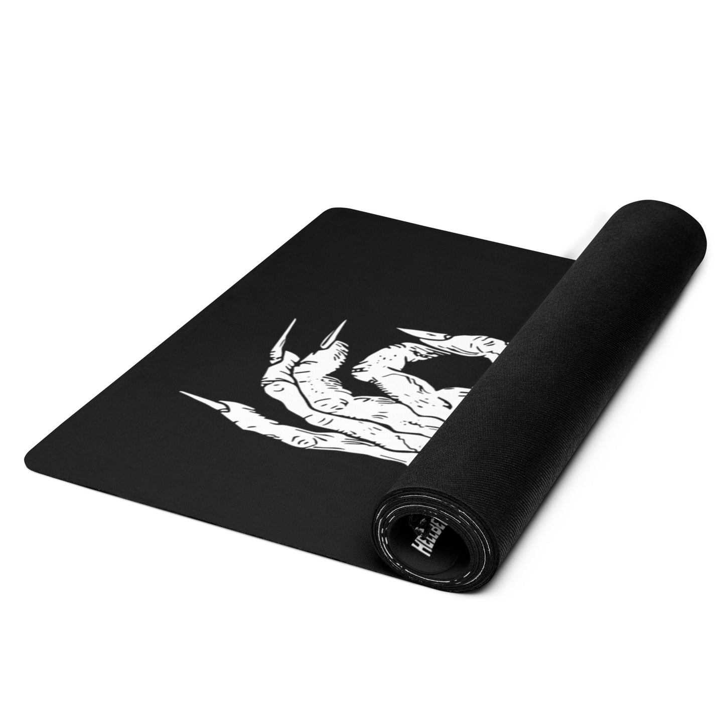 Rolled up view of the Hellbeing black and white Meditating skeleton rubber Yoga mat with an anti-slip rubber bottom and microsuede top.