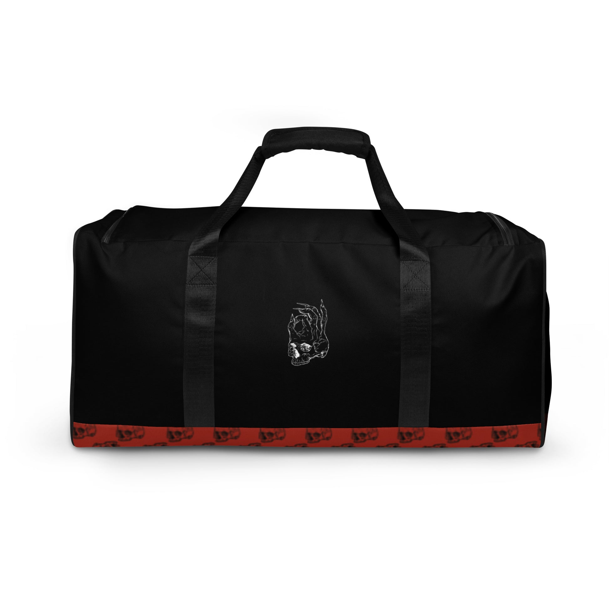 Hellbeing red and black skull logo pattern gym duffle bag front view