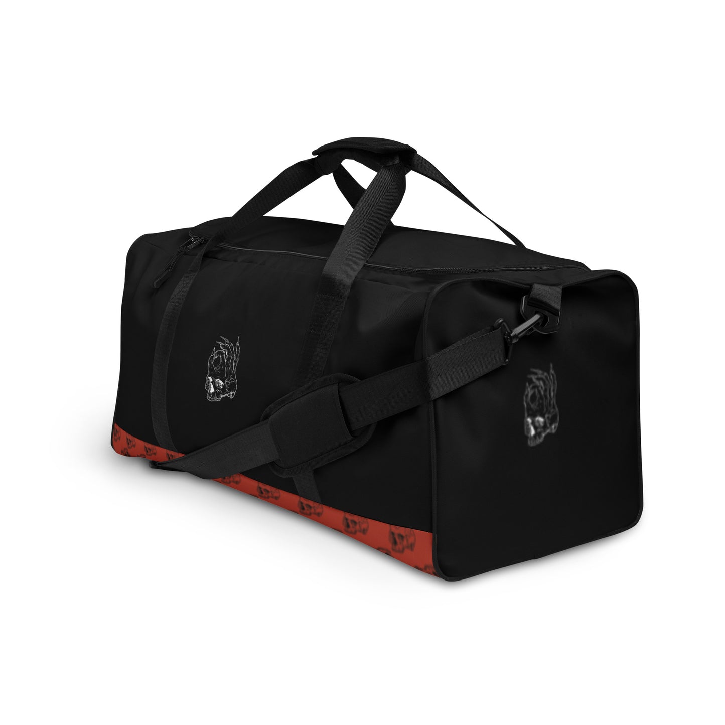 Hellbeing red and black skull logo pattern gym duffle bag from a left front angle