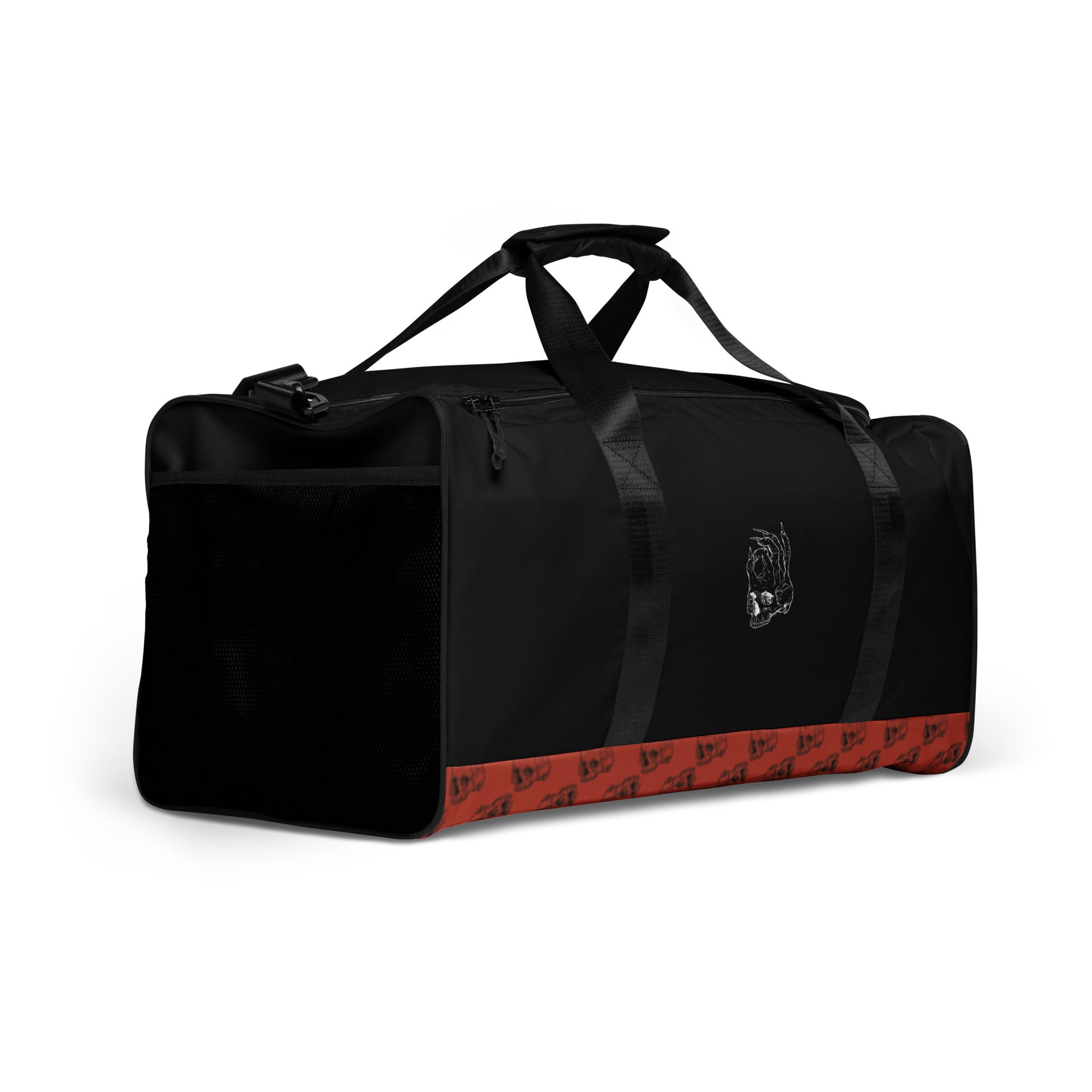 Hellbeing red and black skull logo pattern gym duffle bag from a right front angle view