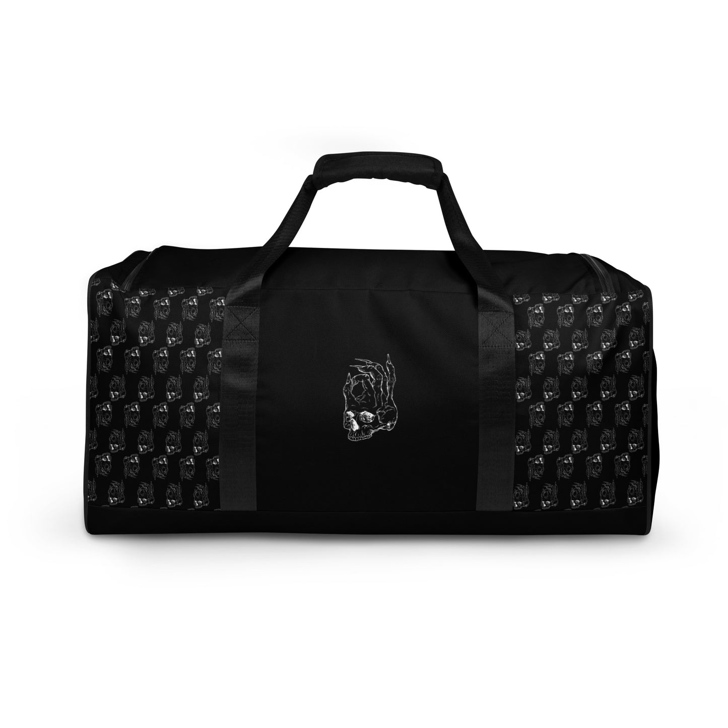 Hellbeing black and white skull logo pattern gym duffle bag front view