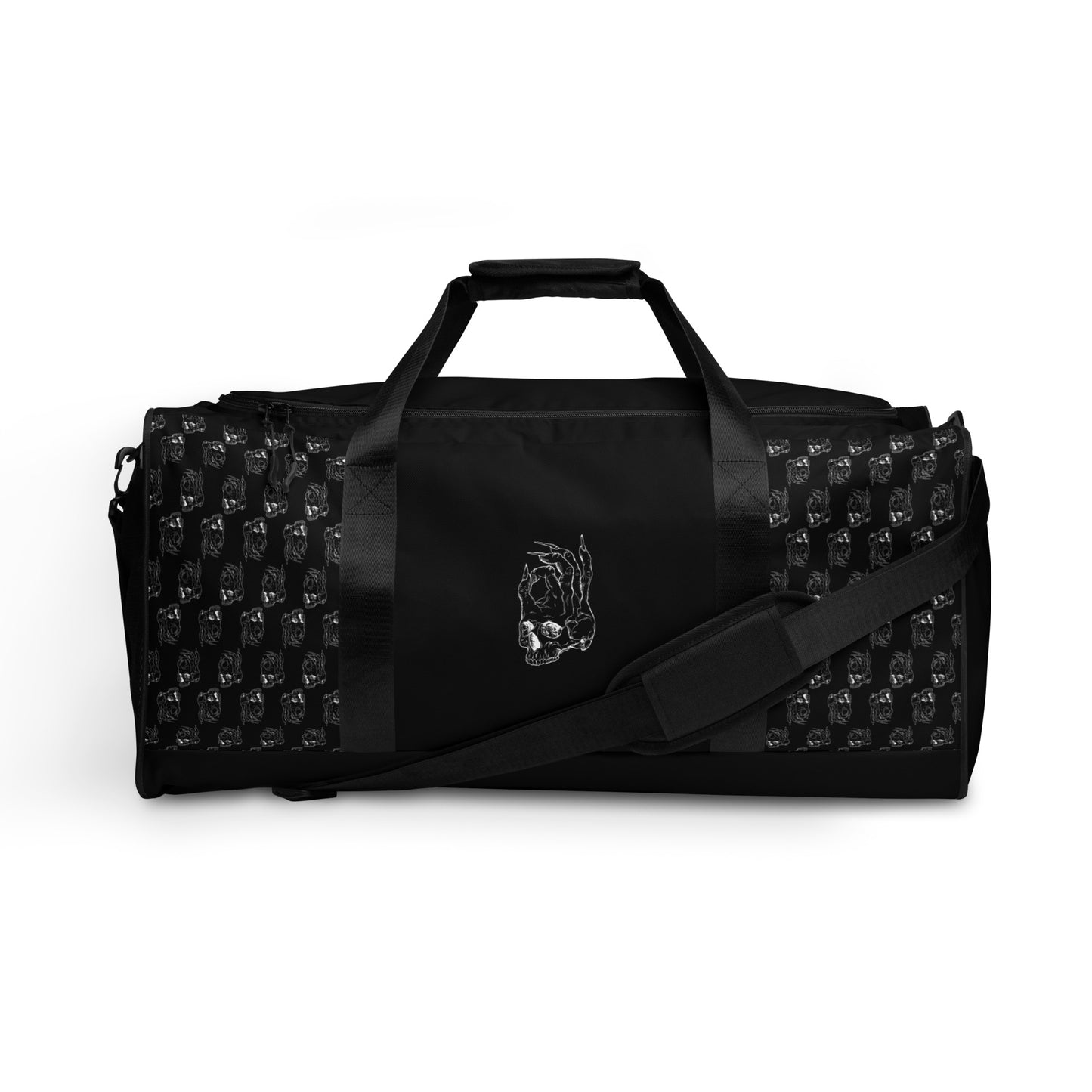 Hellbeing black and white skull logo pattern gym duffle bag front view