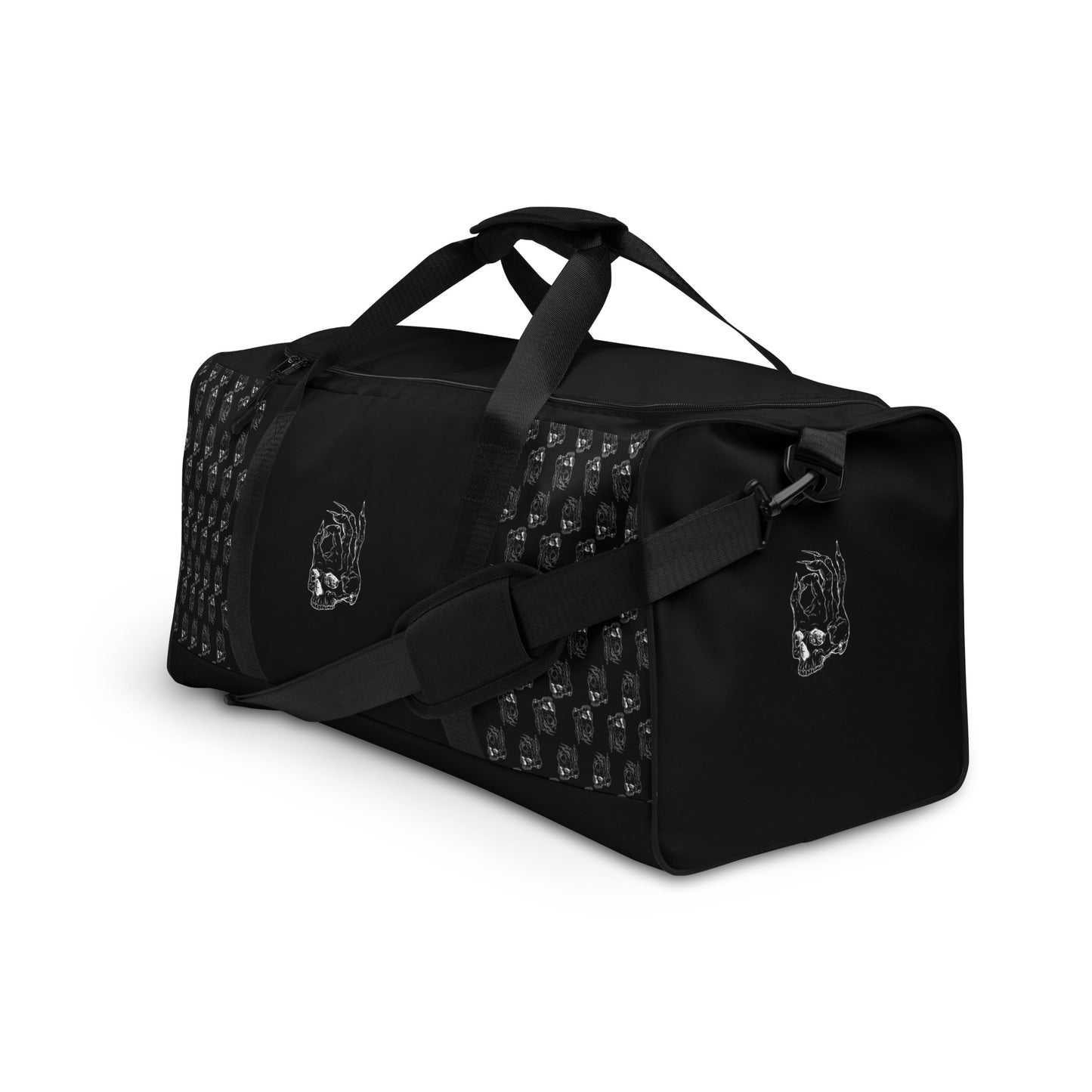 Hellbeing black and white skull logo pattern gym duffle bag left front view