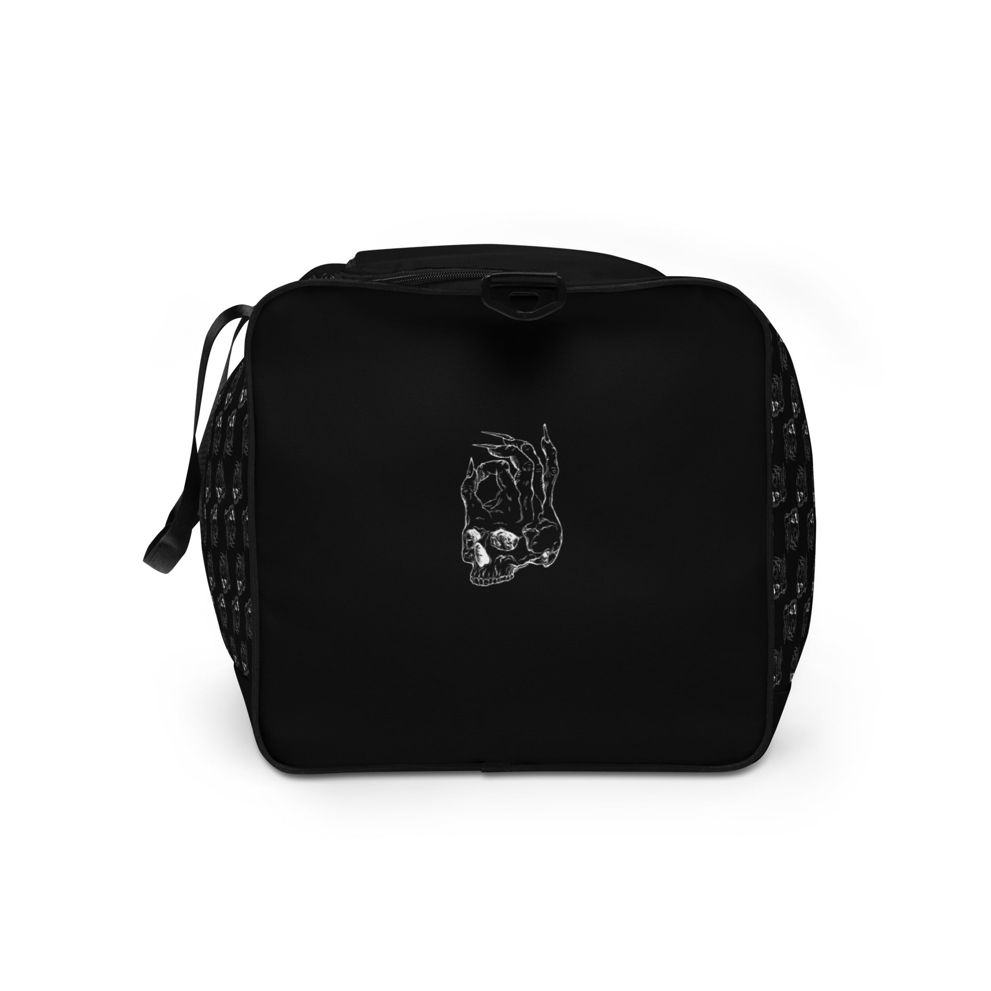 Hellbeing black and white skull logo pattern gym duffle bag left side view