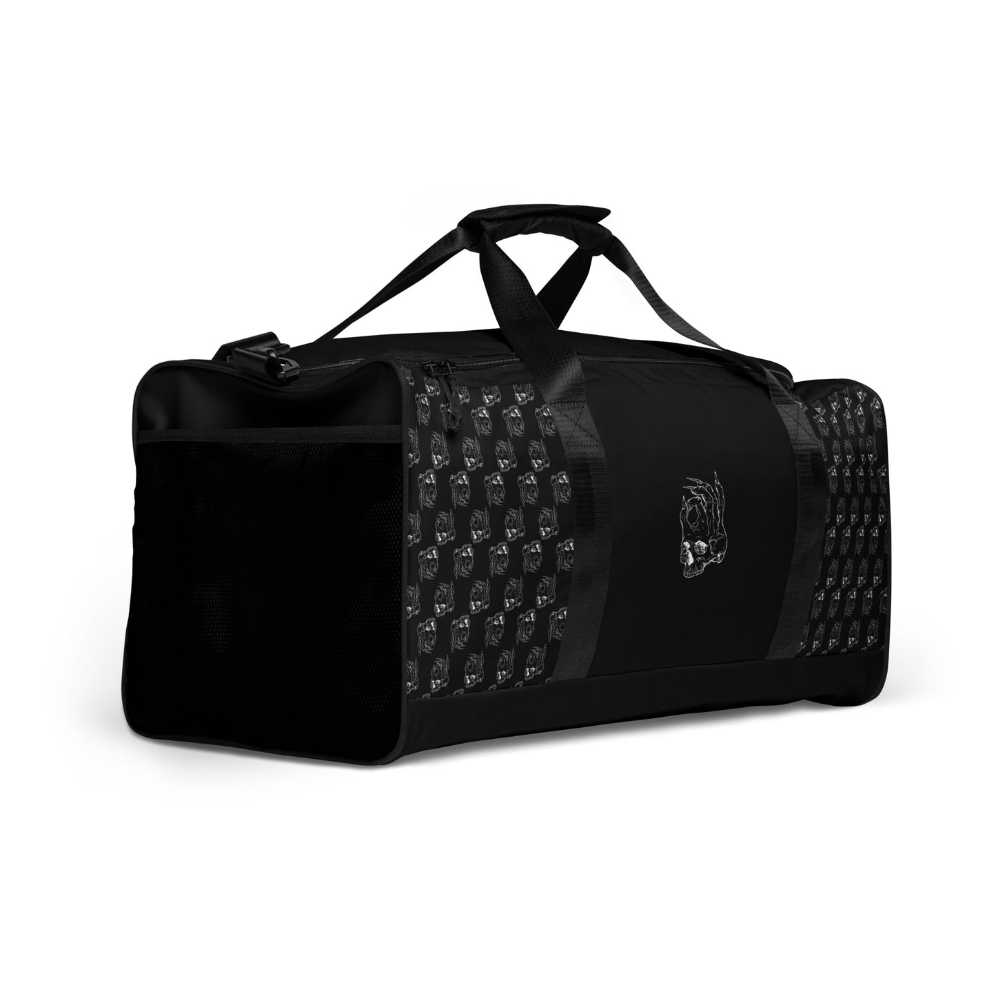 Hellbeing black and white skull logo pattern gym duffle bag right front view