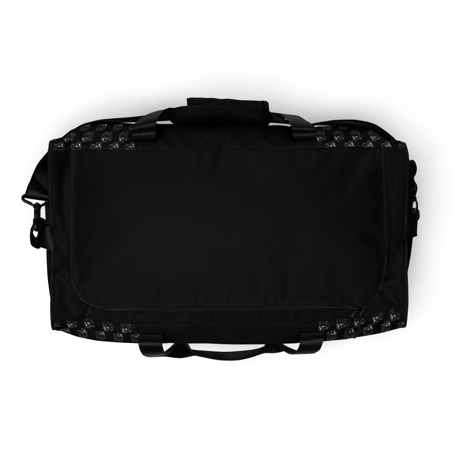 Hellbeing black and white skull logo pattern gym duffle bag top view