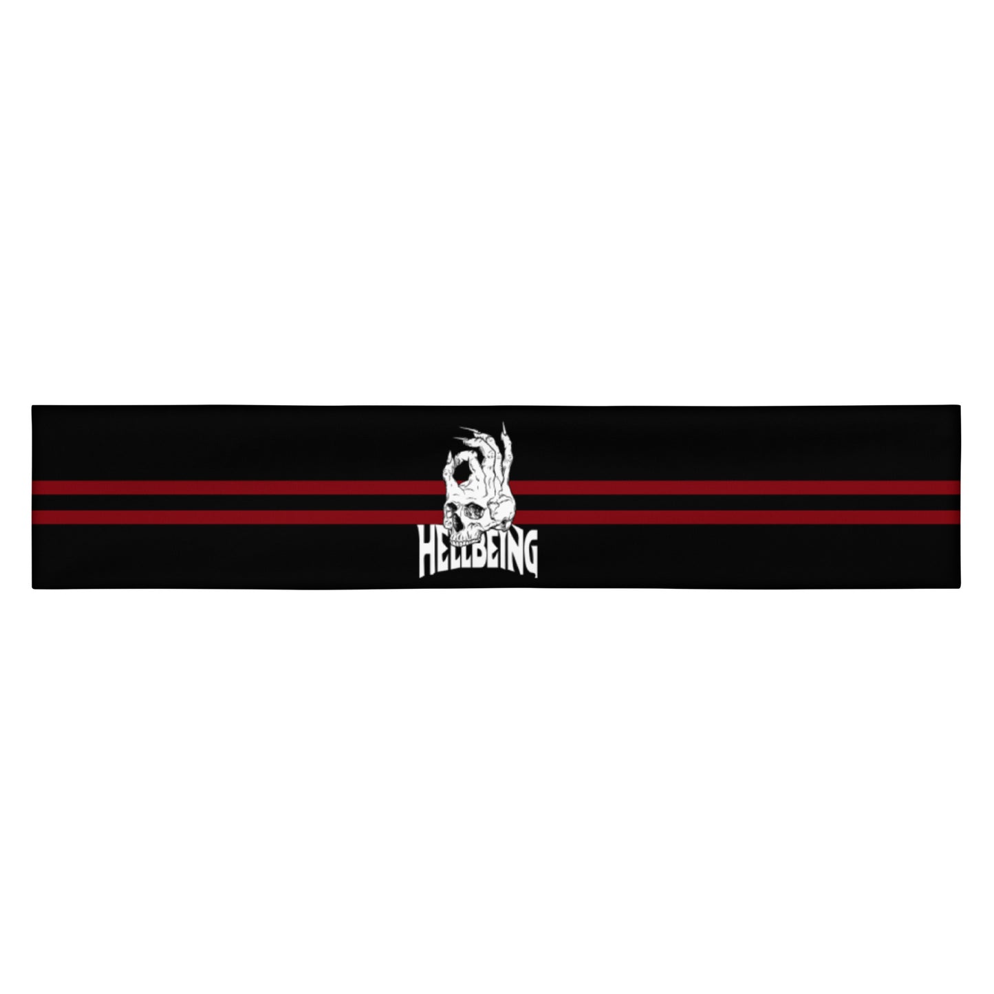 Hellbeing logo headband in black red and white from the front