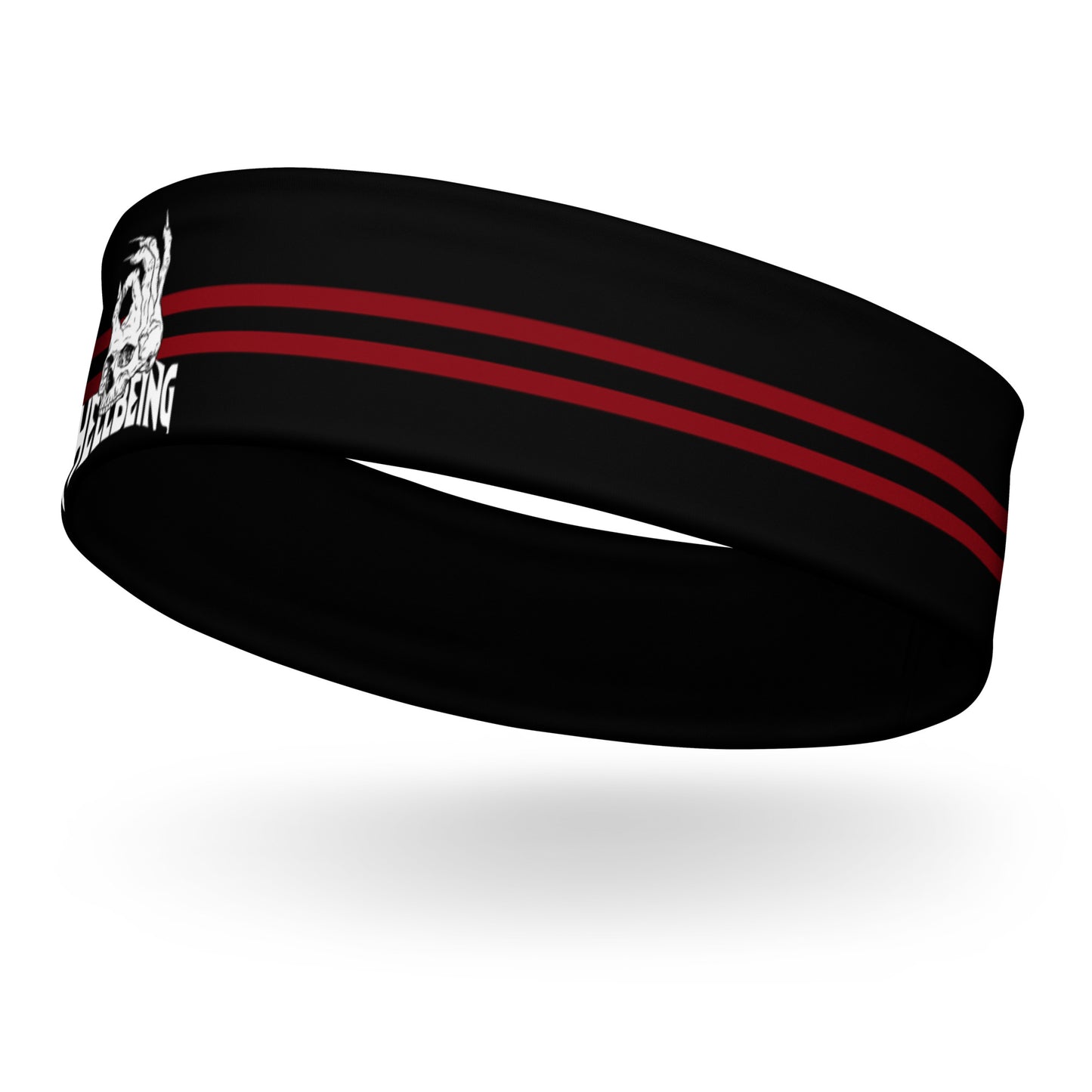 Hellbeing headband in black red and white from a left front view.