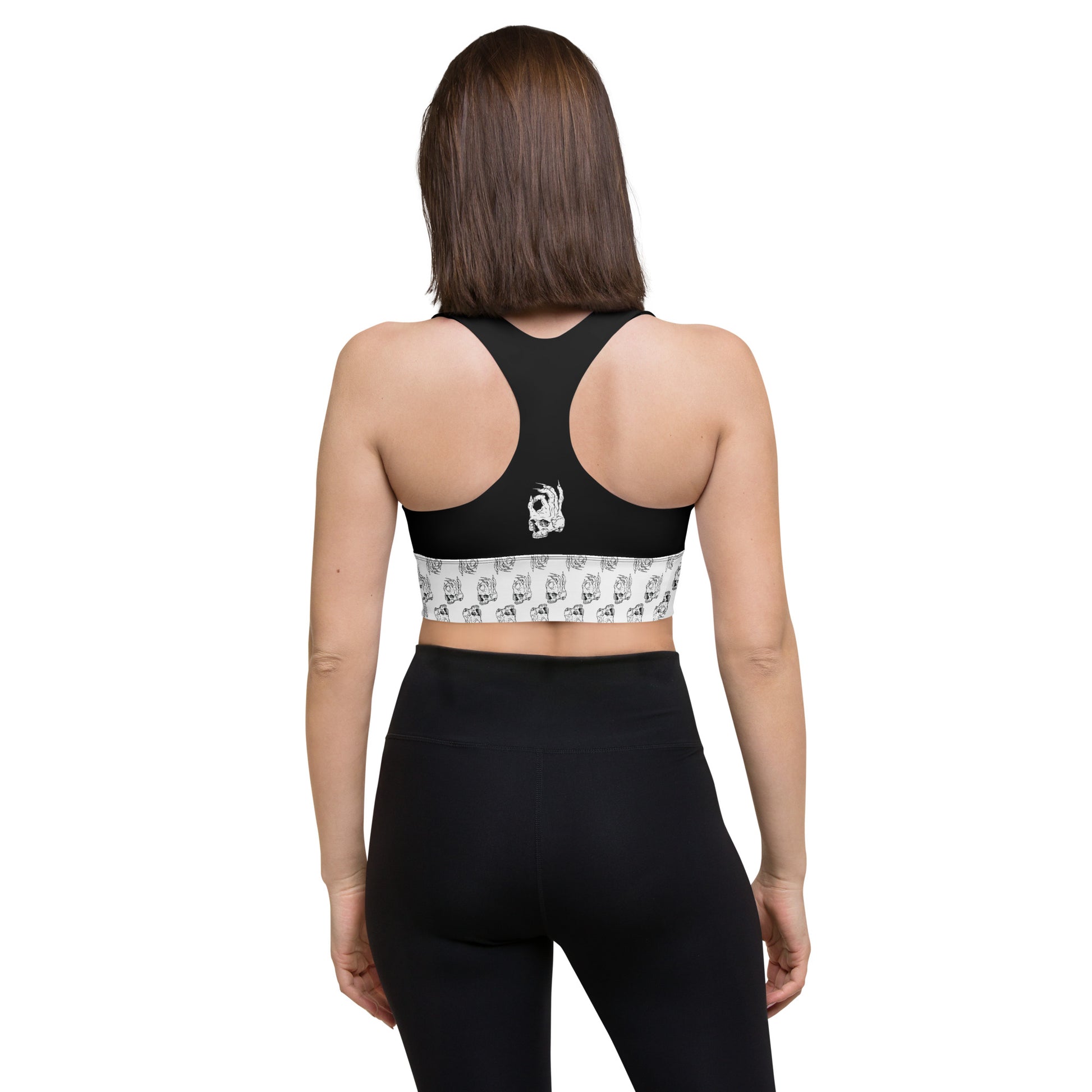 Hellbeing skull logo black and white longline sports bra back view