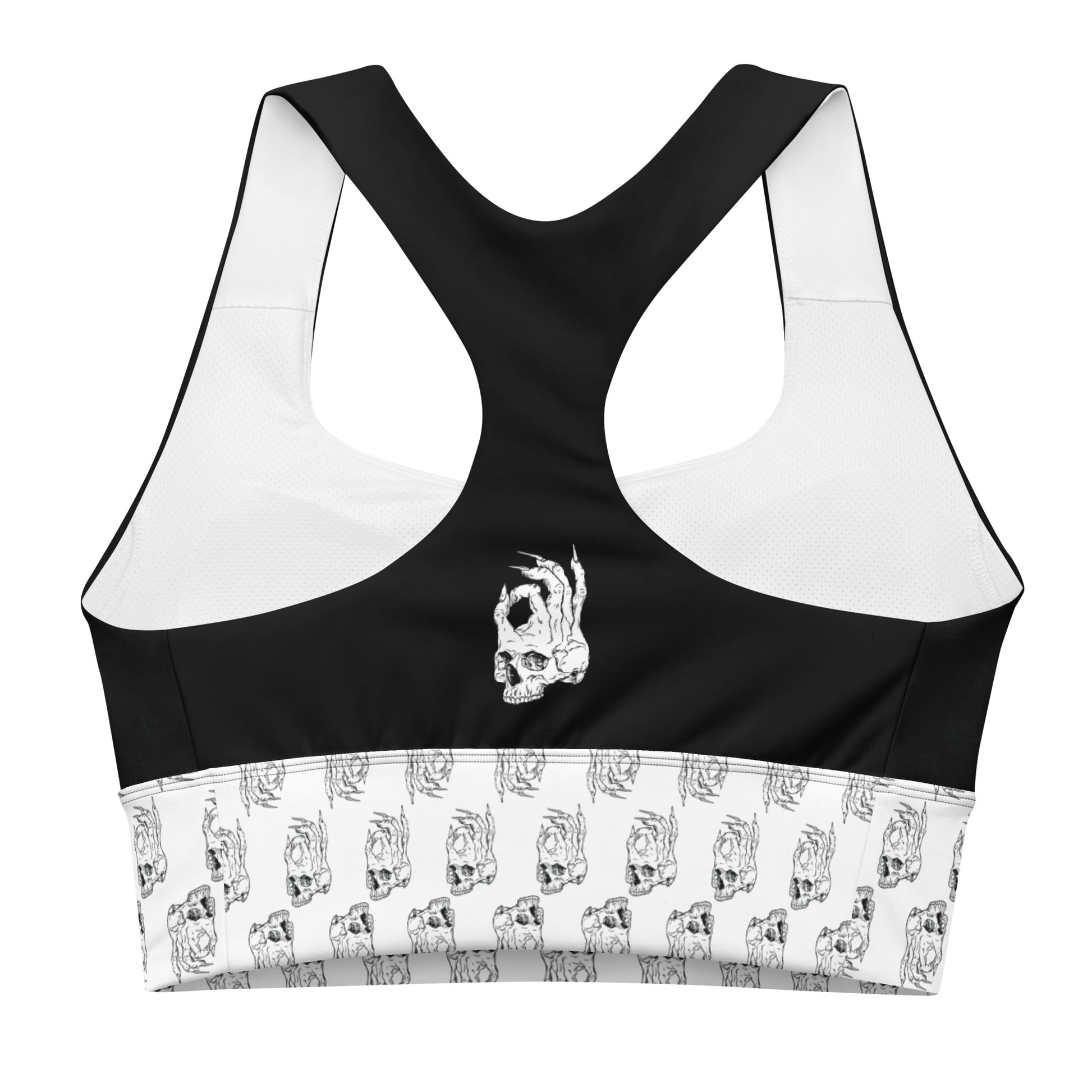 Hellbeing skull logo black and white longline sports bra back view