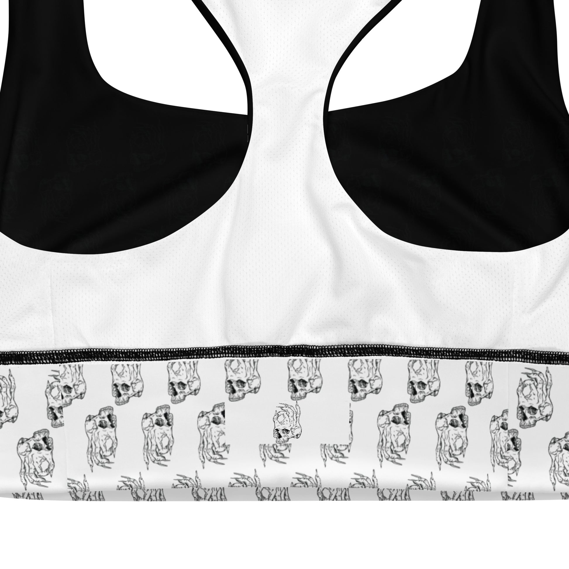 Hellbeing skull logo black and white longline sports bra inside view