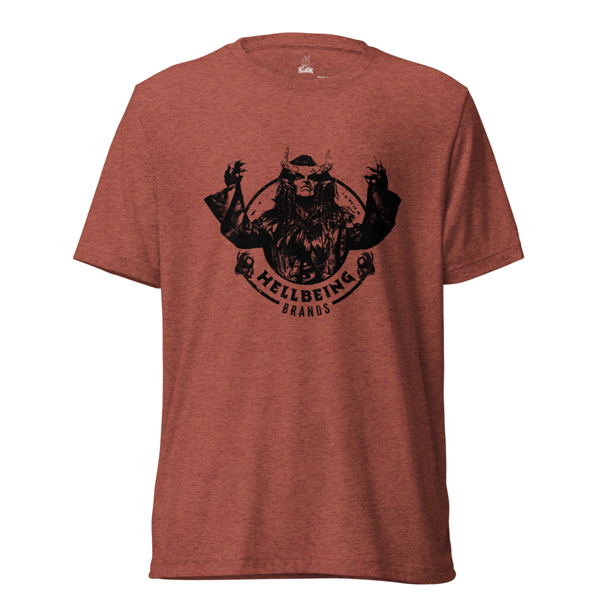 Hellbeing devil tri-blend tee in rust, front view