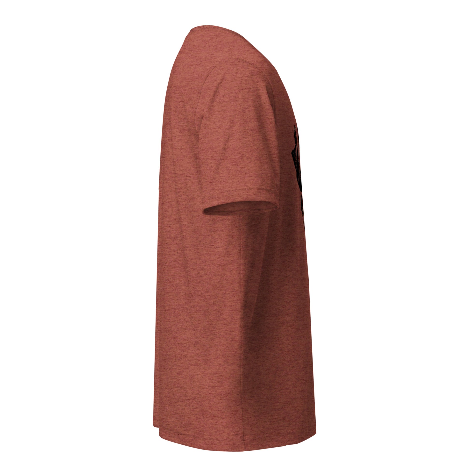 Right side view of the Hellbeing Brands Devil on a burnt orange clay colored tri-blend t-shirt