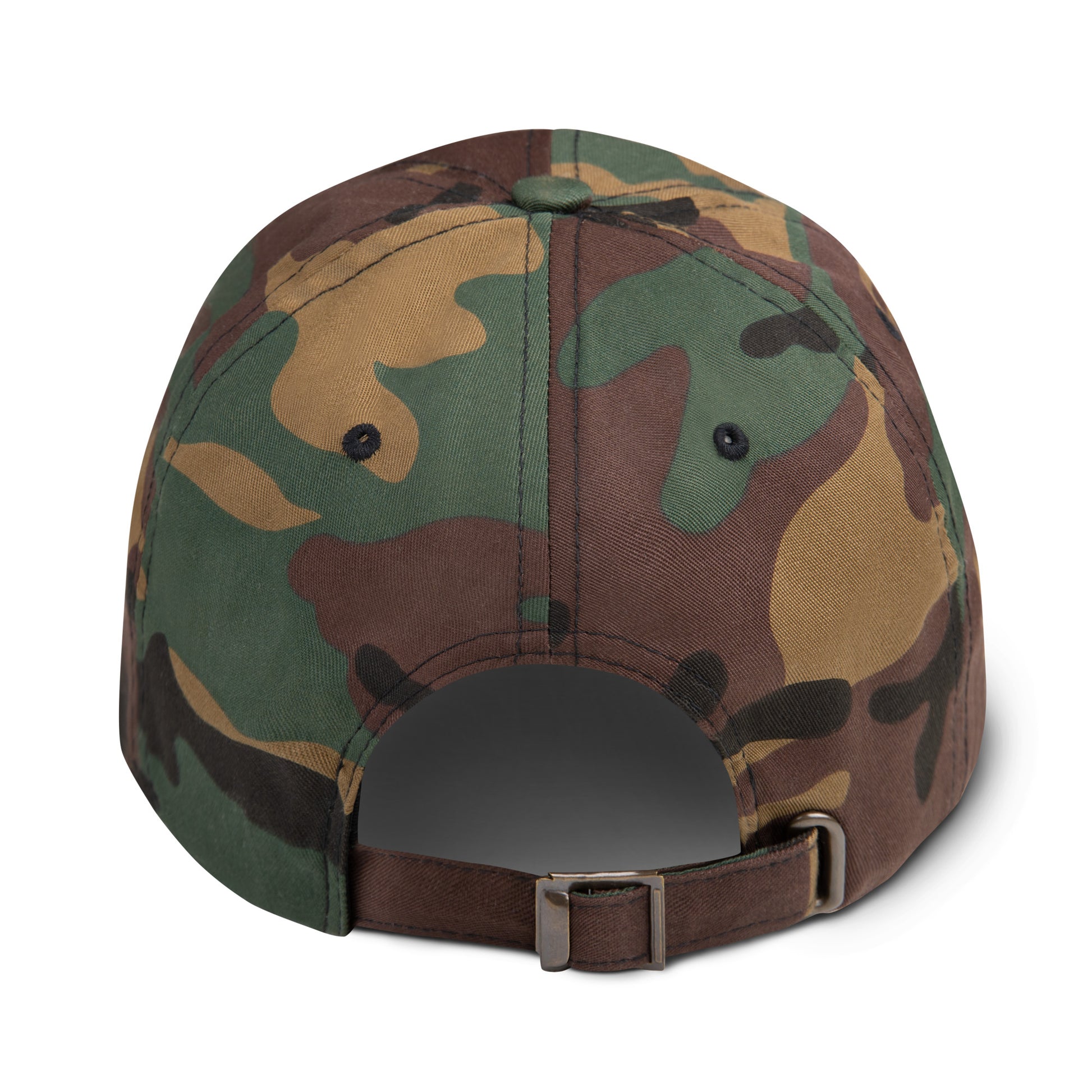 Back view of Hellbeing embroidered skull logo camo dad hat