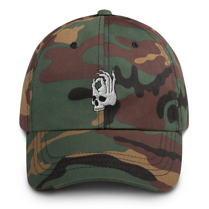 Hellbeing skull camo dad hat, front view