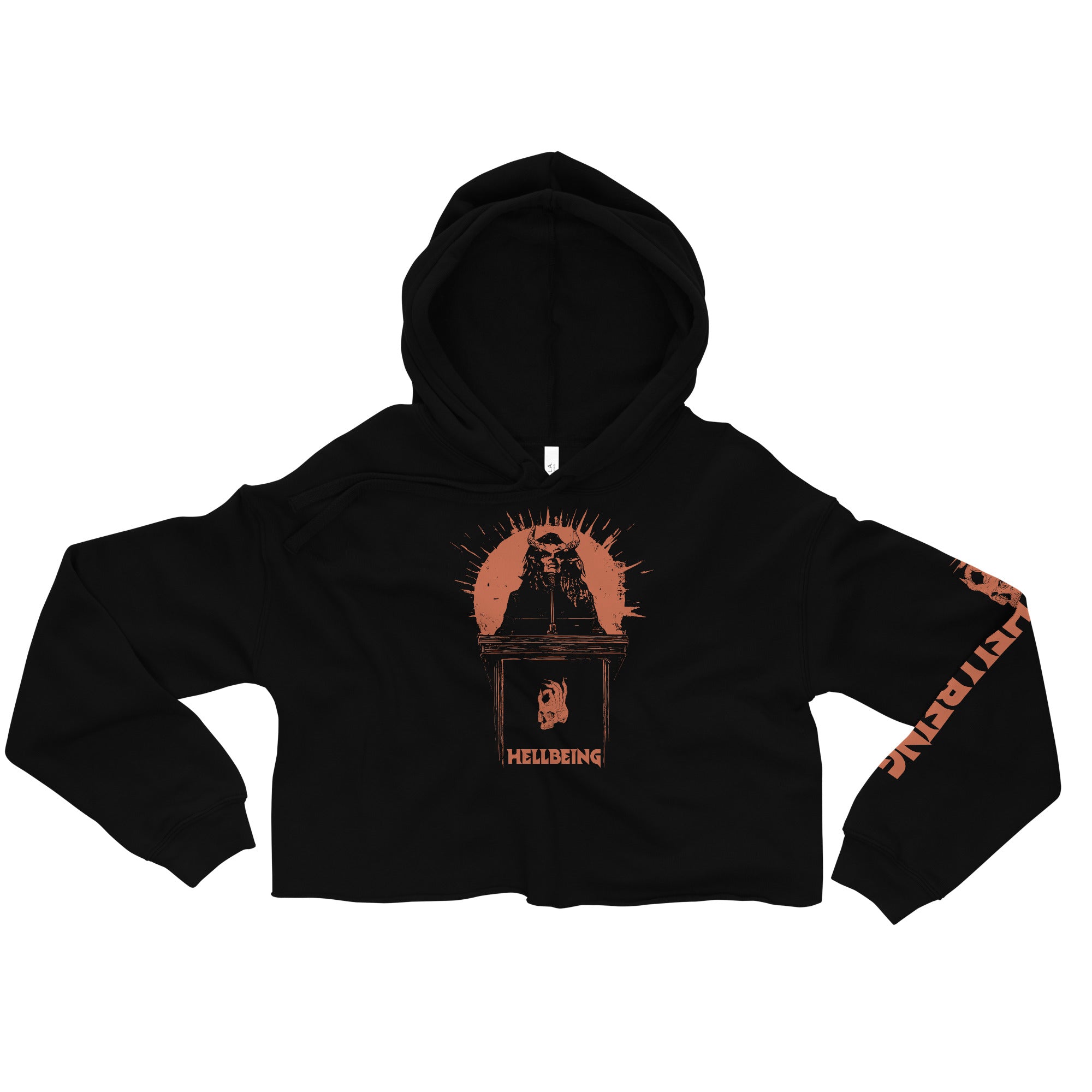 Front top view of the Hellbeing Lucifer's Pulpit women's cropped black hoodie