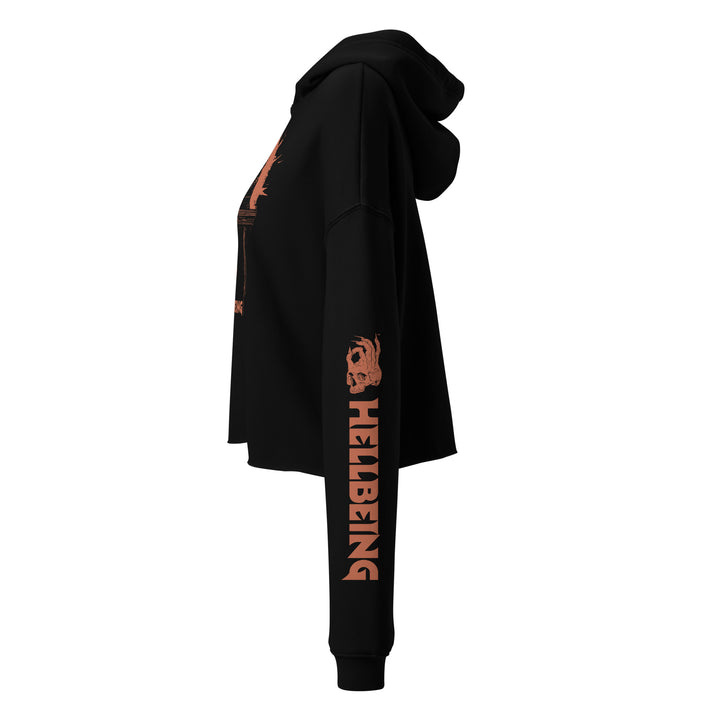 Left side view of the Hellbeing Lucifer's Pulpit women's cropped black hoodie