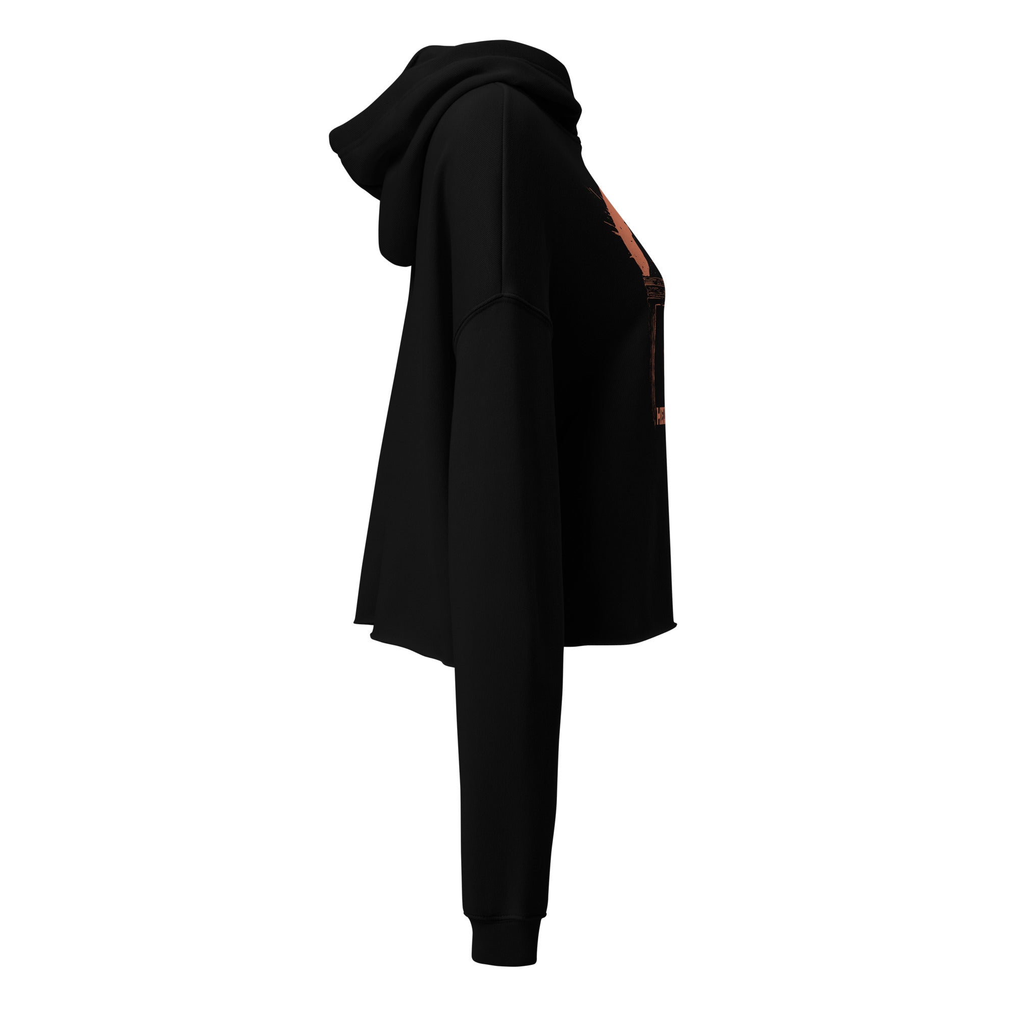 Right side view of the Hellbeing Lucifer's Pulpit women's cropped black hoodie