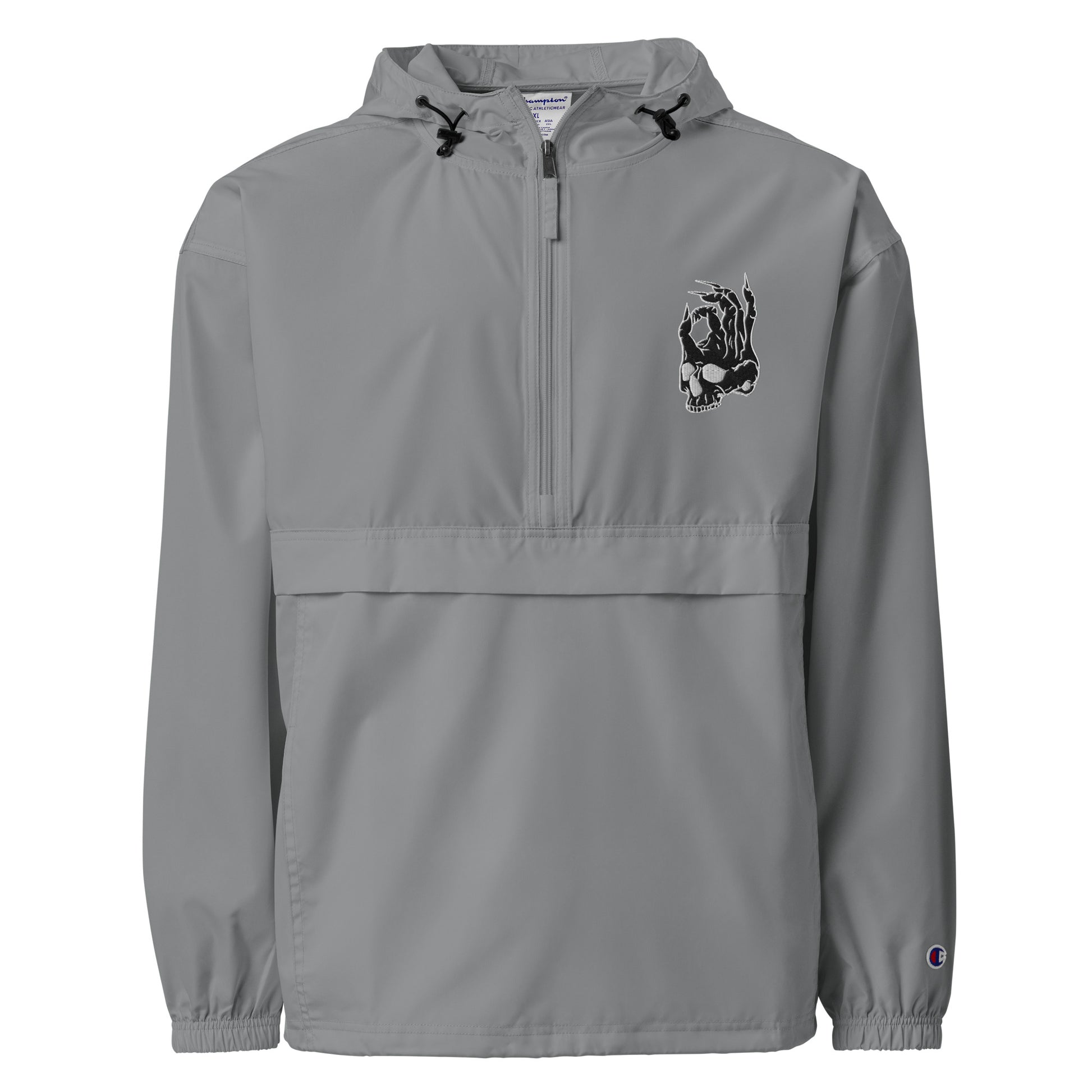 Front view of Gray Hellbeing Embroidered Champion packable jacket