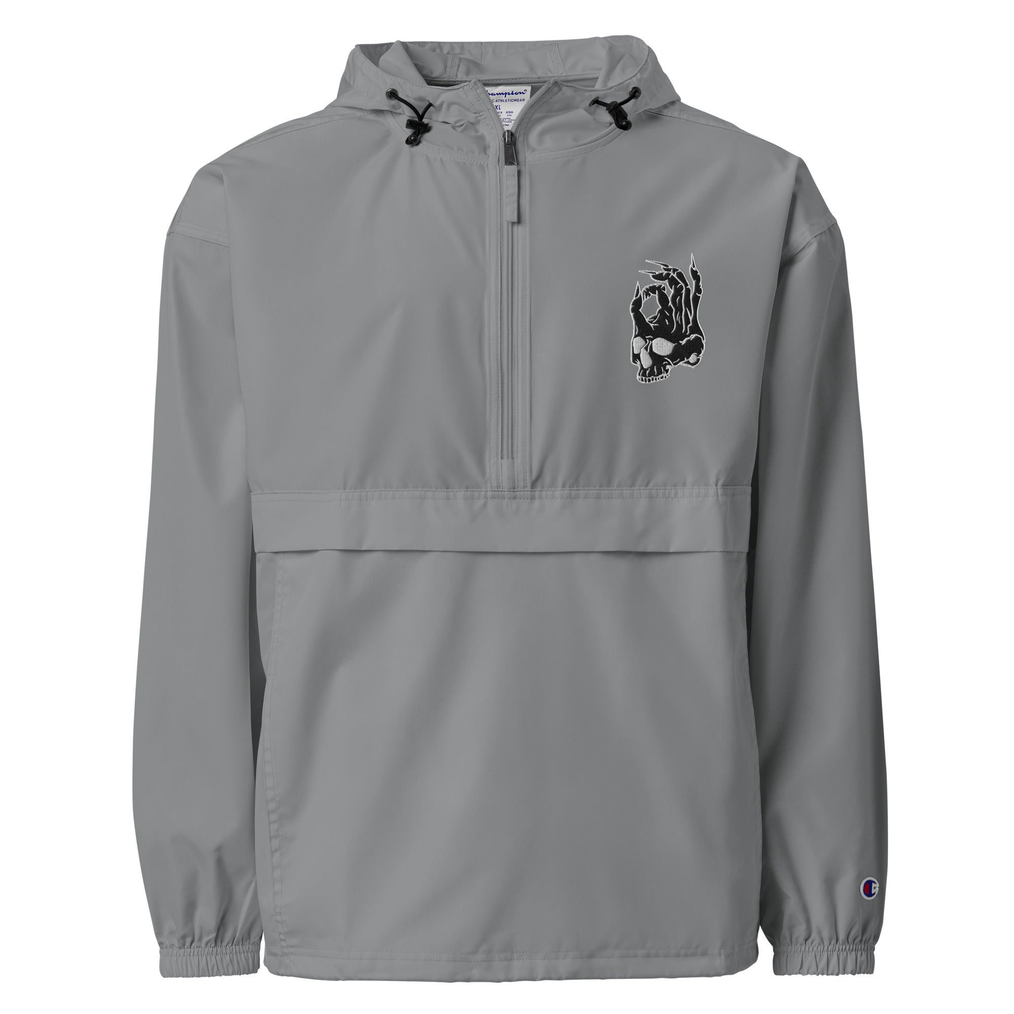 Hellbeing embroidered Champion packable jacket in gray, front detail
