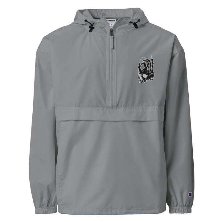 Hellbeing embroidered Champion packable jacket in gray, front detail