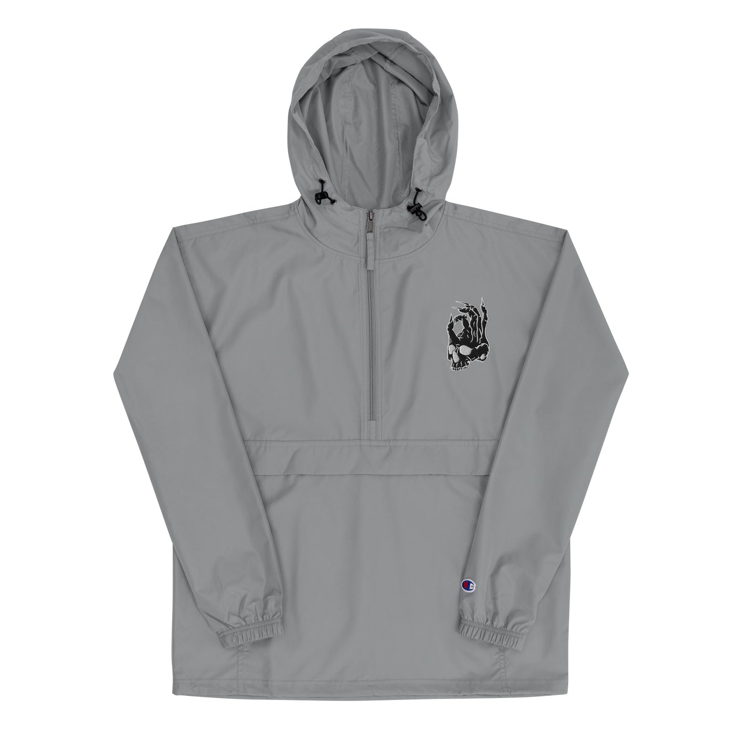 Front view of Gray Hellbeing Embroidered Champion packable jacket