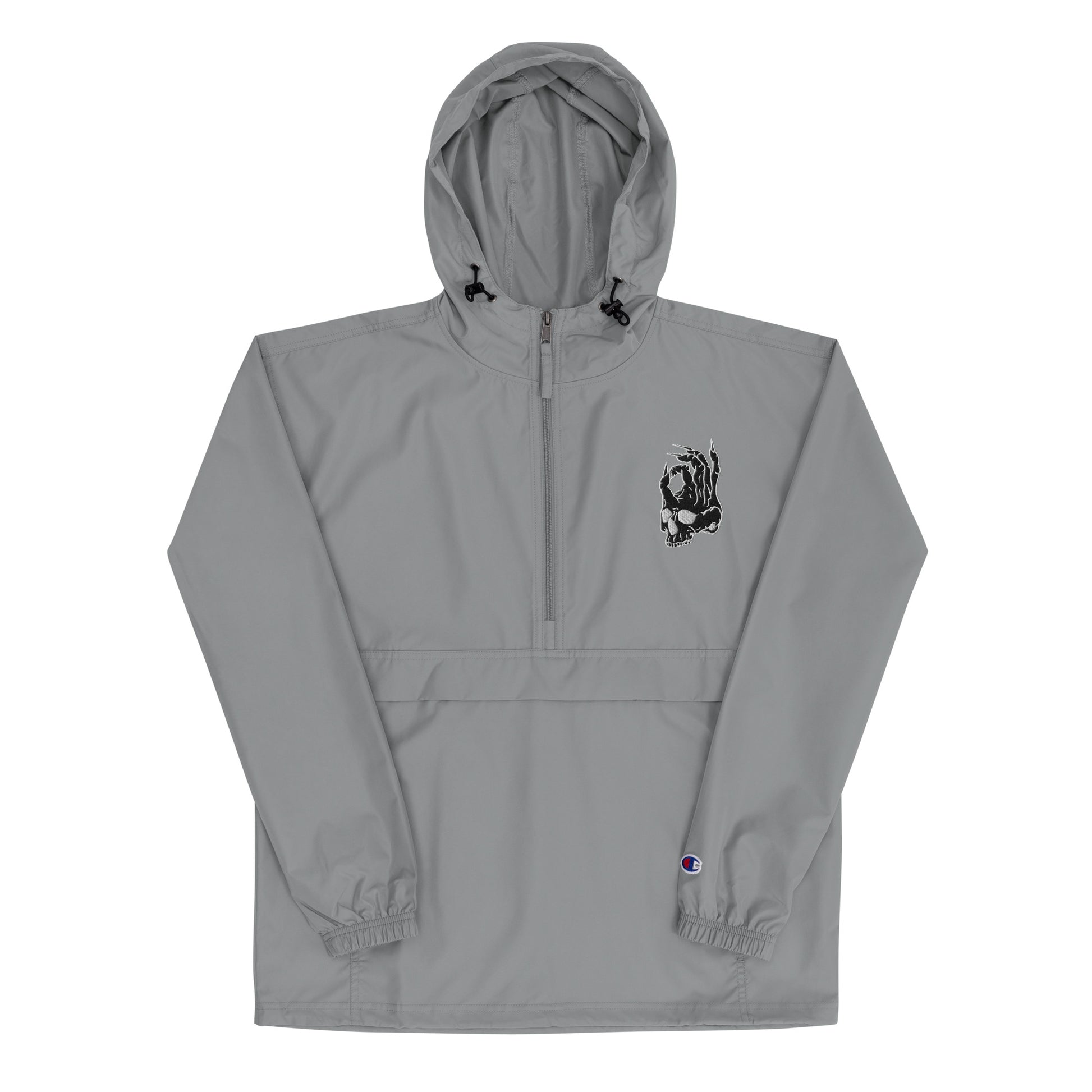 Front view of Gray Hellbeing Embroidered Champion packable jacket