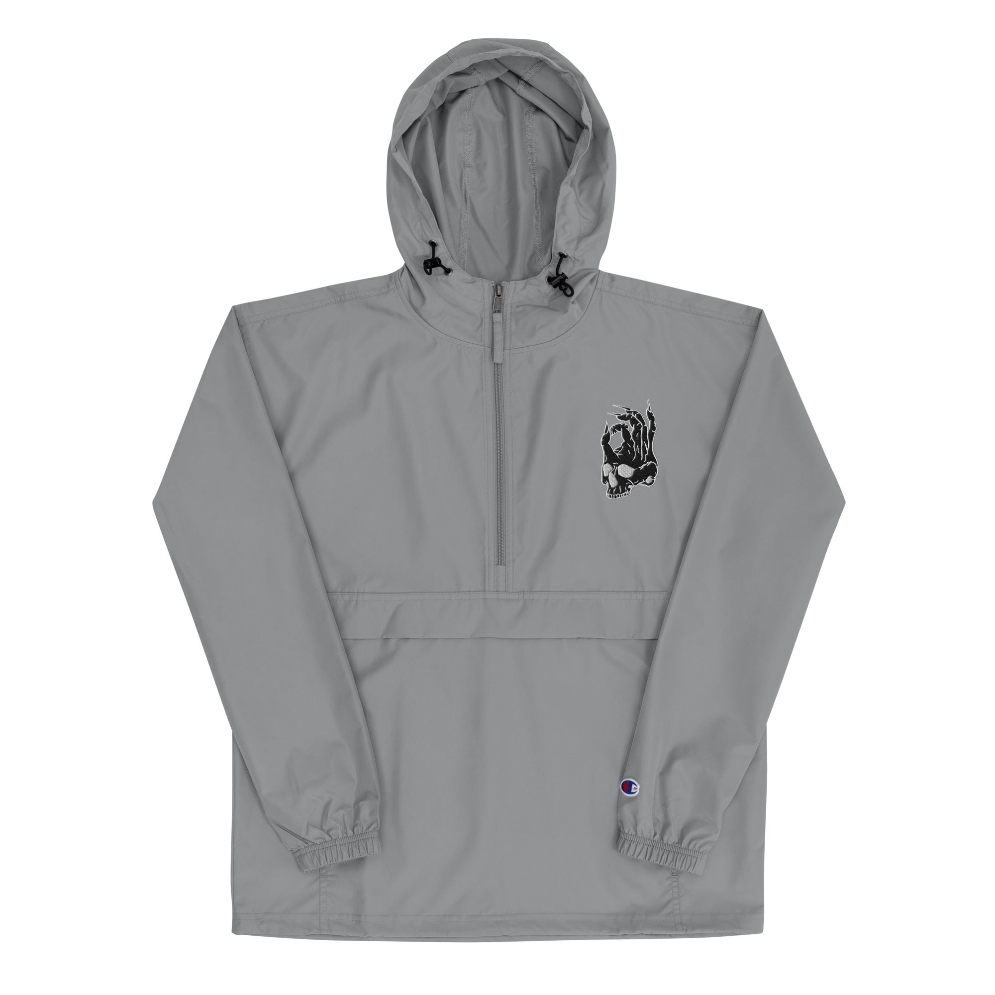 Hellbeing embroidered Champion packable jacket in gray, front view