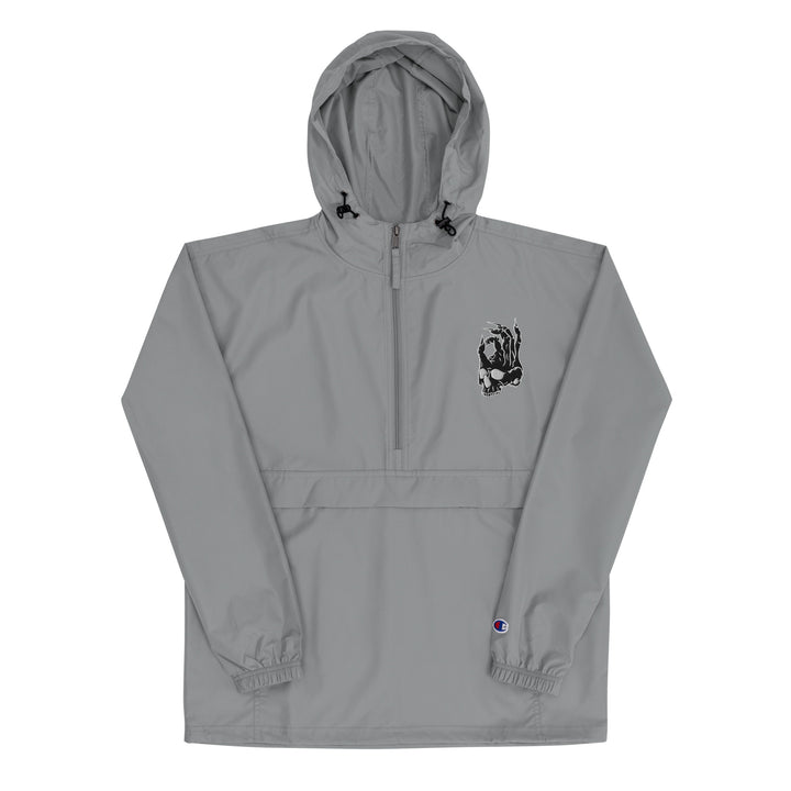 Hellbeing embroidered Champion packable jacket in gray, front view