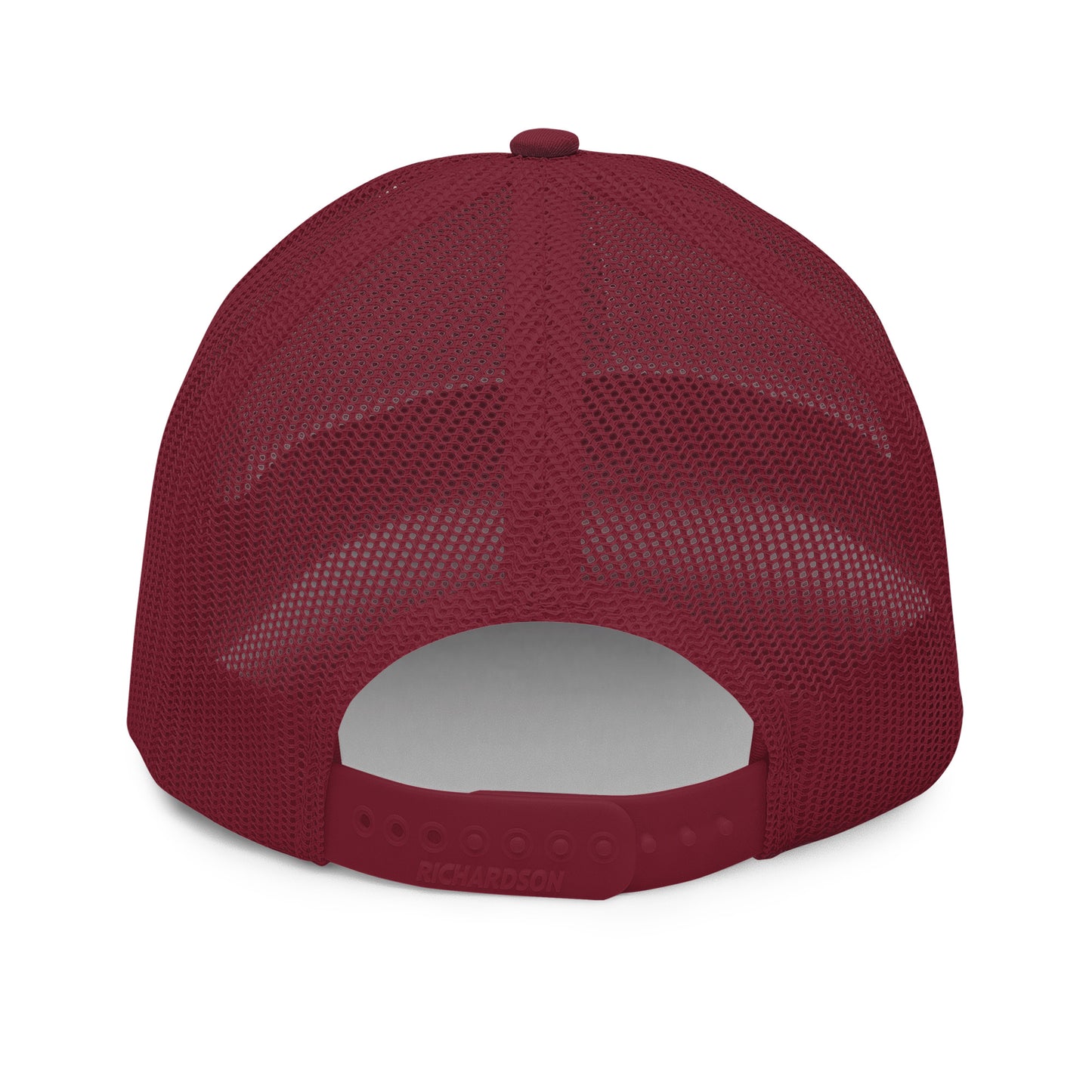 Hellbeing embroidered skull logo on a burgundy snapback trucker cap from the back