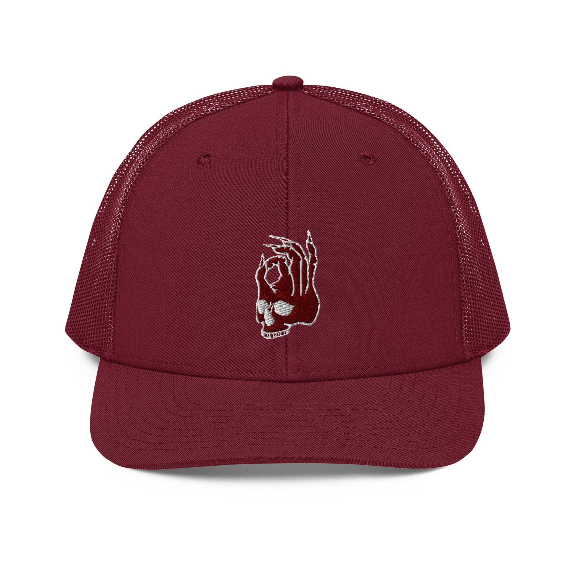 Hellbeing embroidered skull logo on a burgundy snapback trucker cap from the front