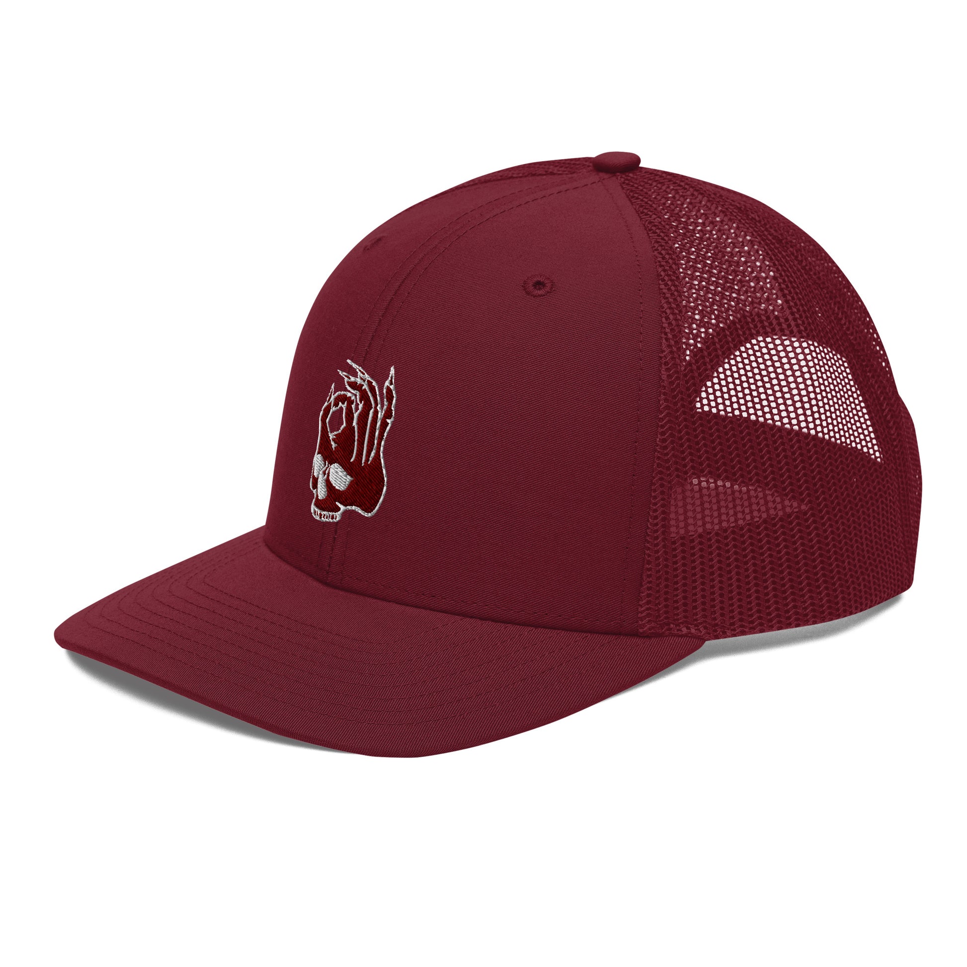 Hellbeing embroidered skull logo on a burgundy snapback trucker cap from a left front view angle