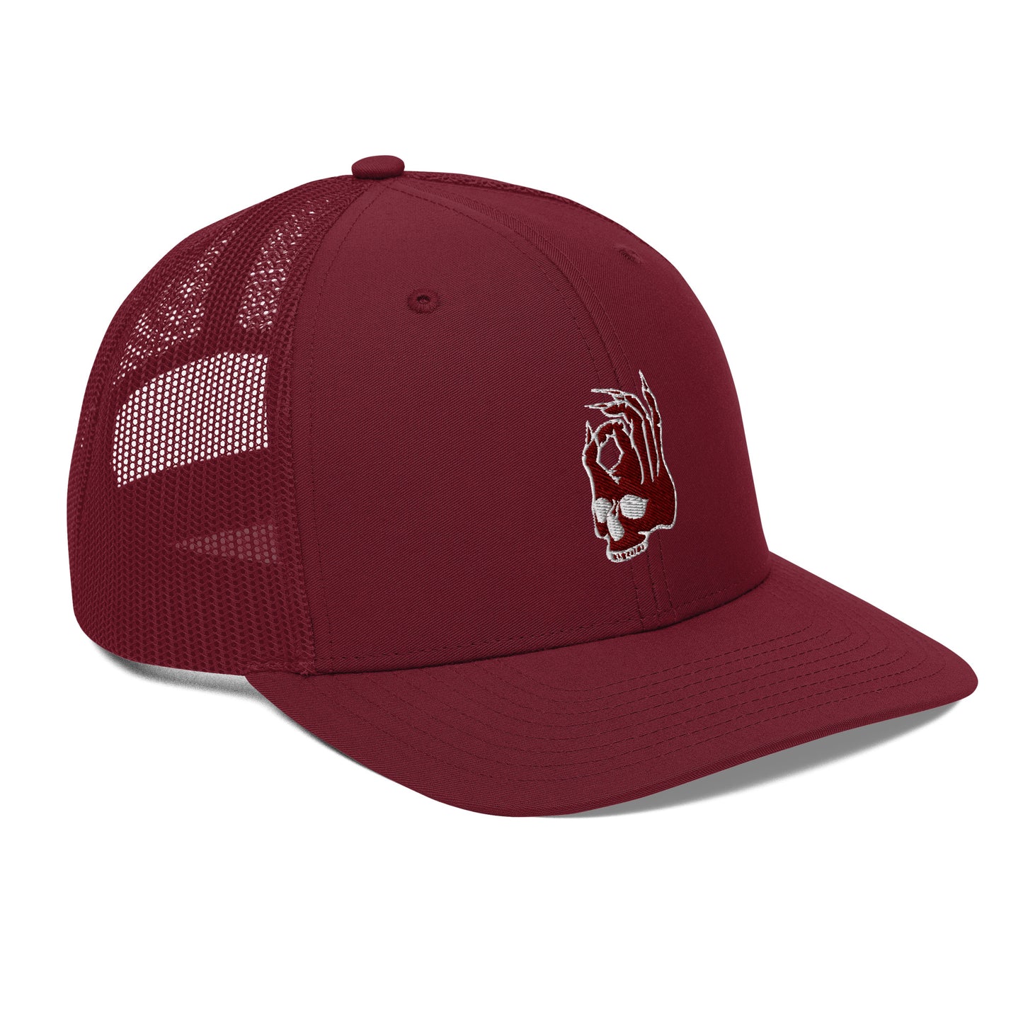 Hellbeing embroidered skull logo on a burgundy snapback trucker cap from a right front view angle