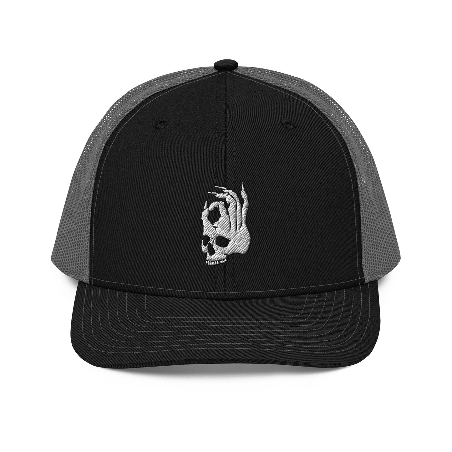 Hellbeing embroidered skull logo on a black and charcoal snapback trucker cap front view