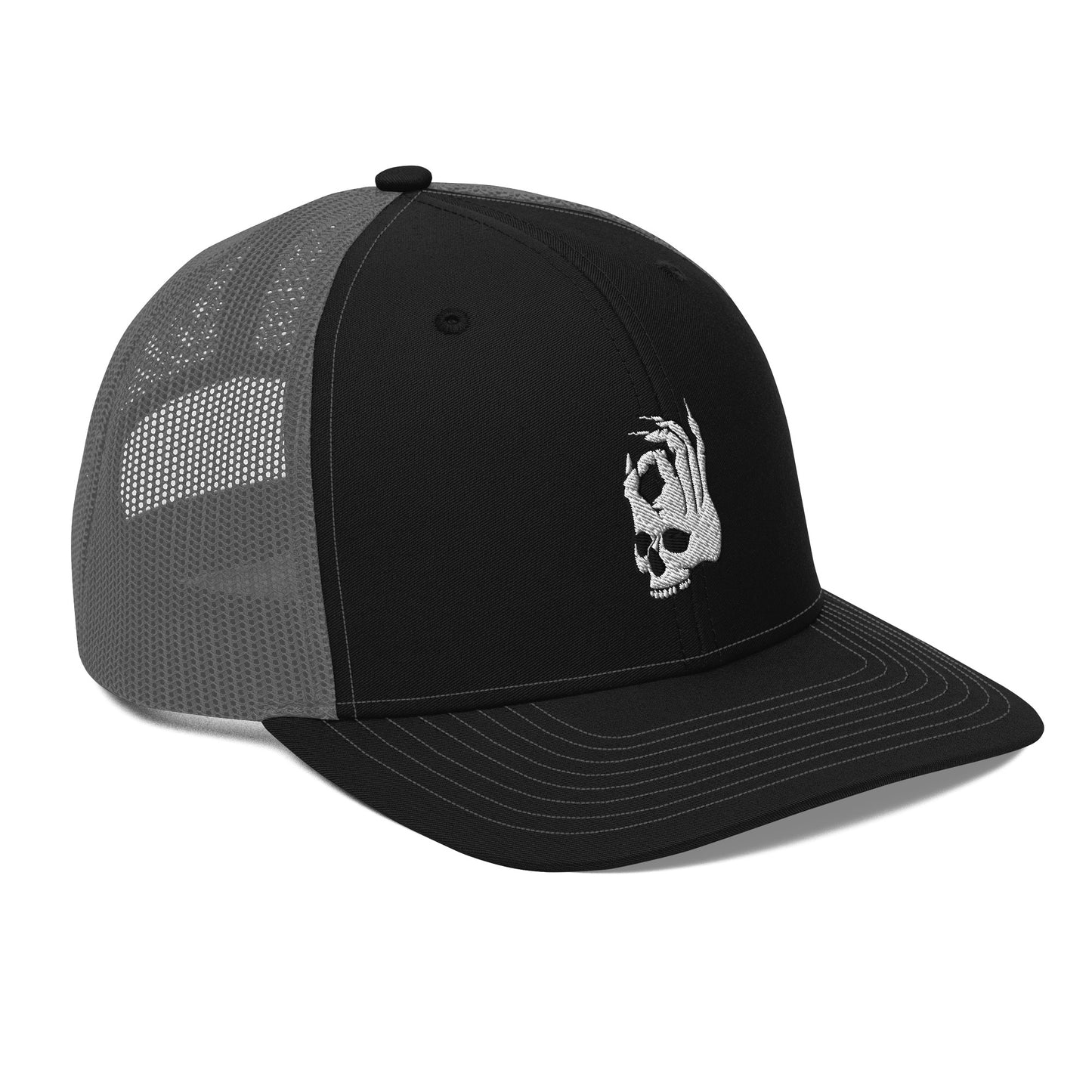 Hellbeing embroidered skull logo on a black and charcoal snapback trucker cap from a right front view angle