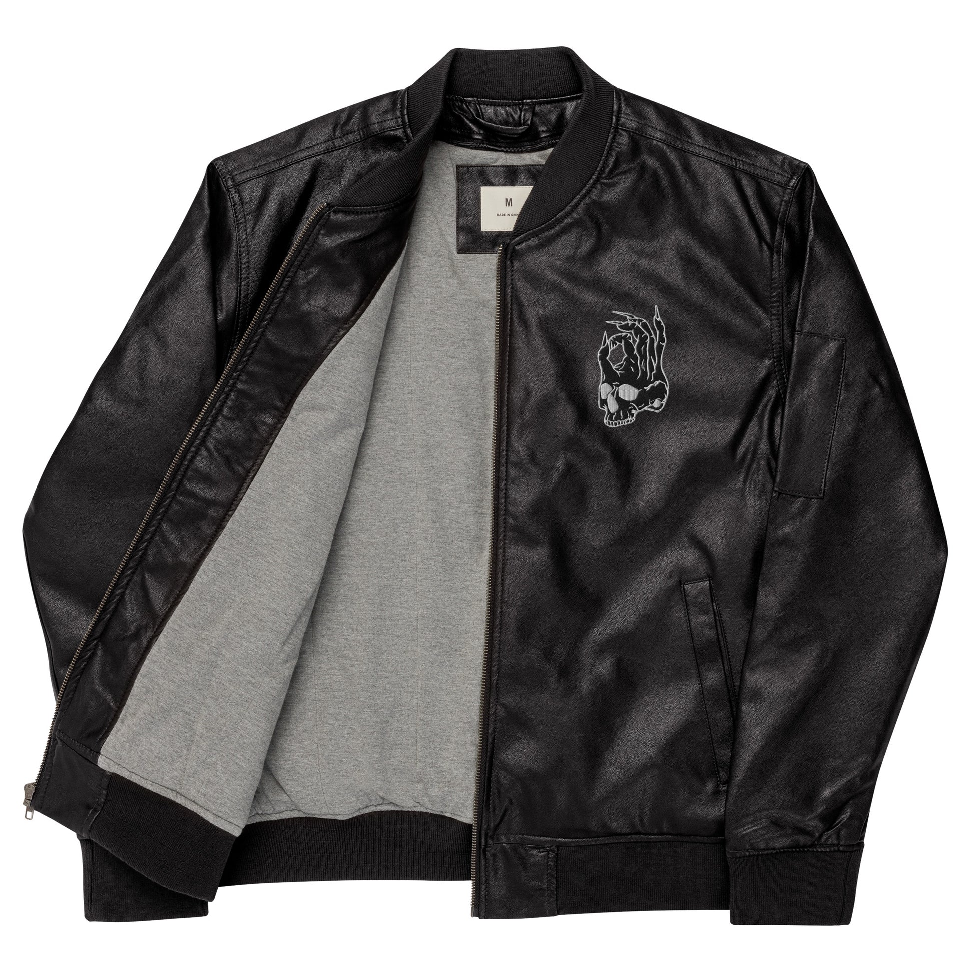 Hellbeing embroidered skull logo faux leather black bomber jacket from the front