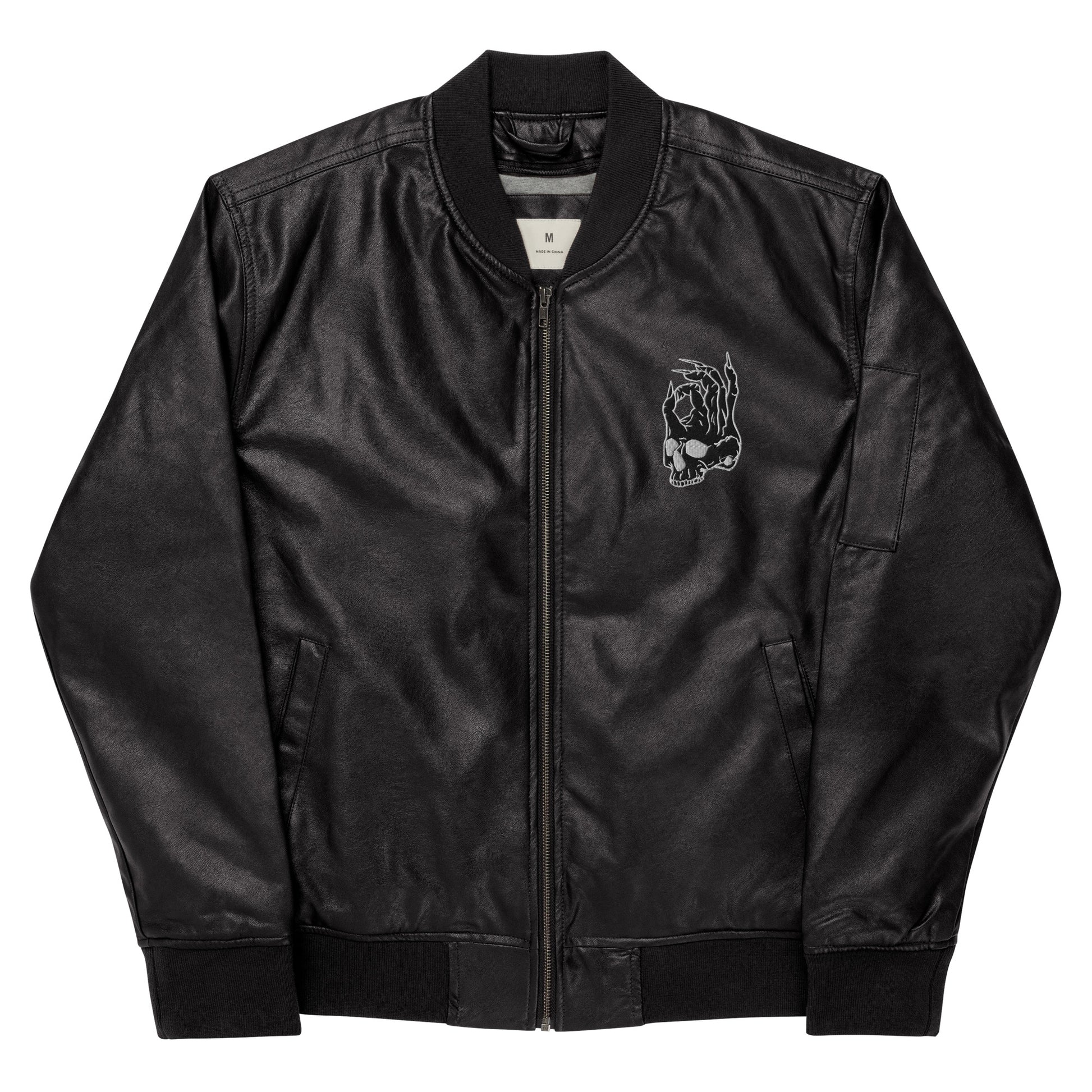 Hellbeing embroidered skull logo faux leather black bomber jacket front view