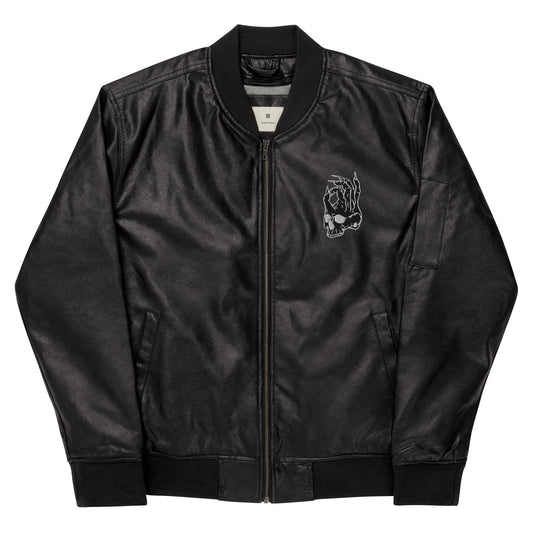 Hellbeing embroidered skull logo faux leather black bomber jacket front view